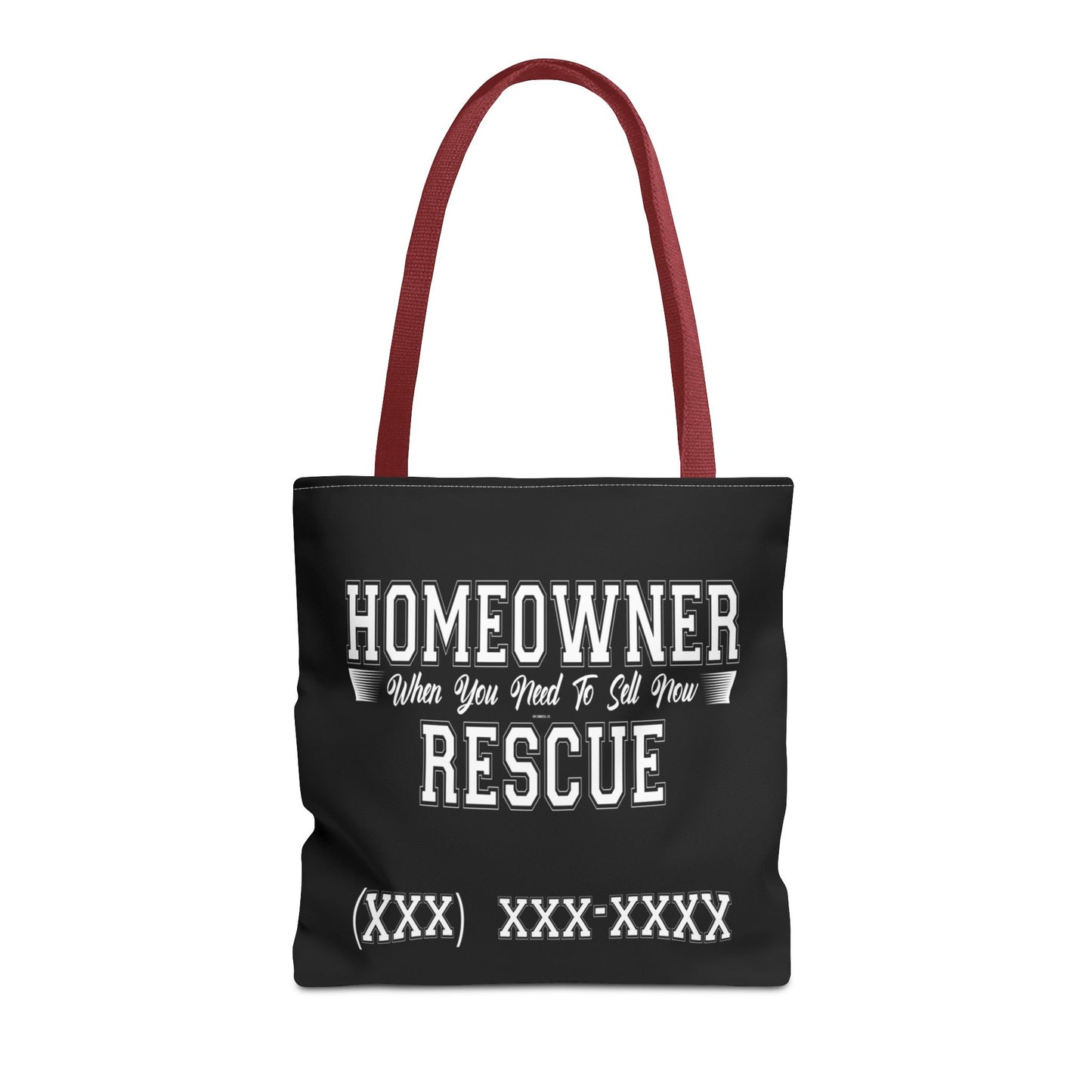 Homeowner Rescue Real Estate Investor Two-Sided Black Tote Bag with Custom Phone Number