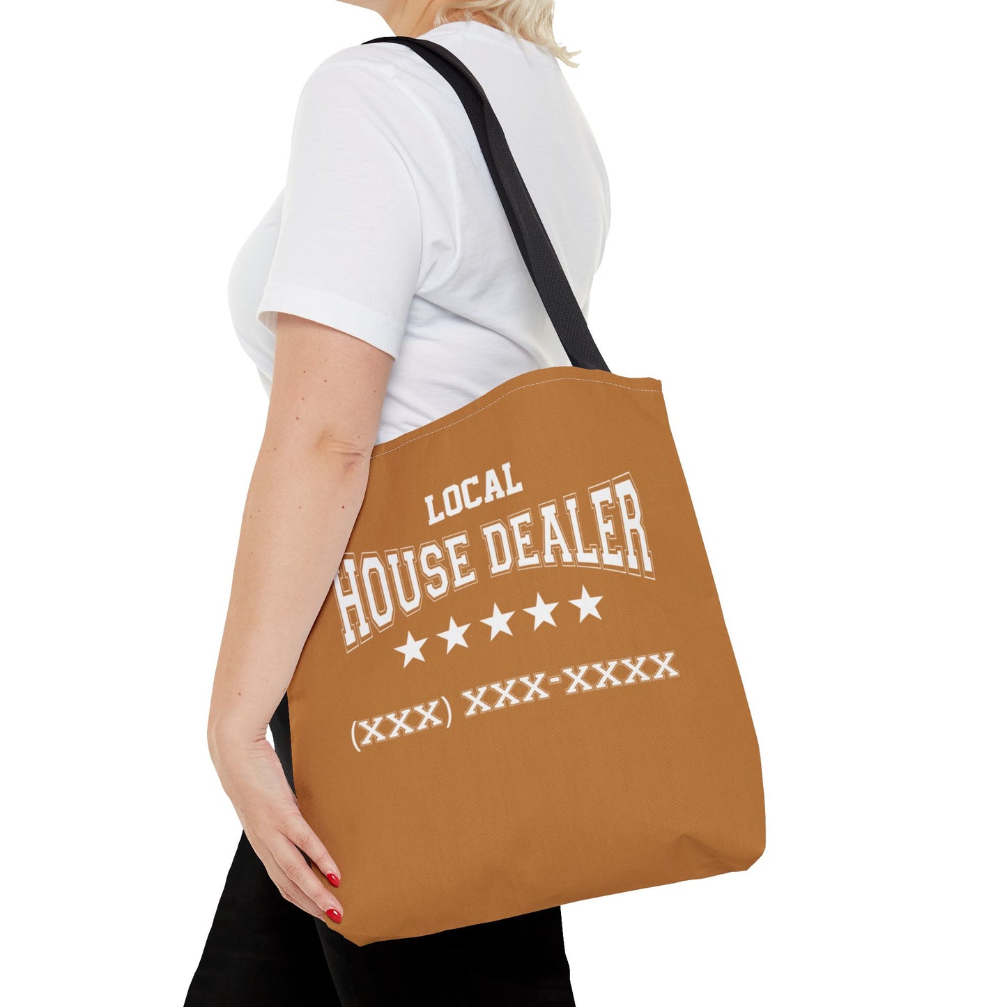 Local Five Star House Dealer Real Estate Investor Two-Sided Brown Tote Bag with Custom Phone Number