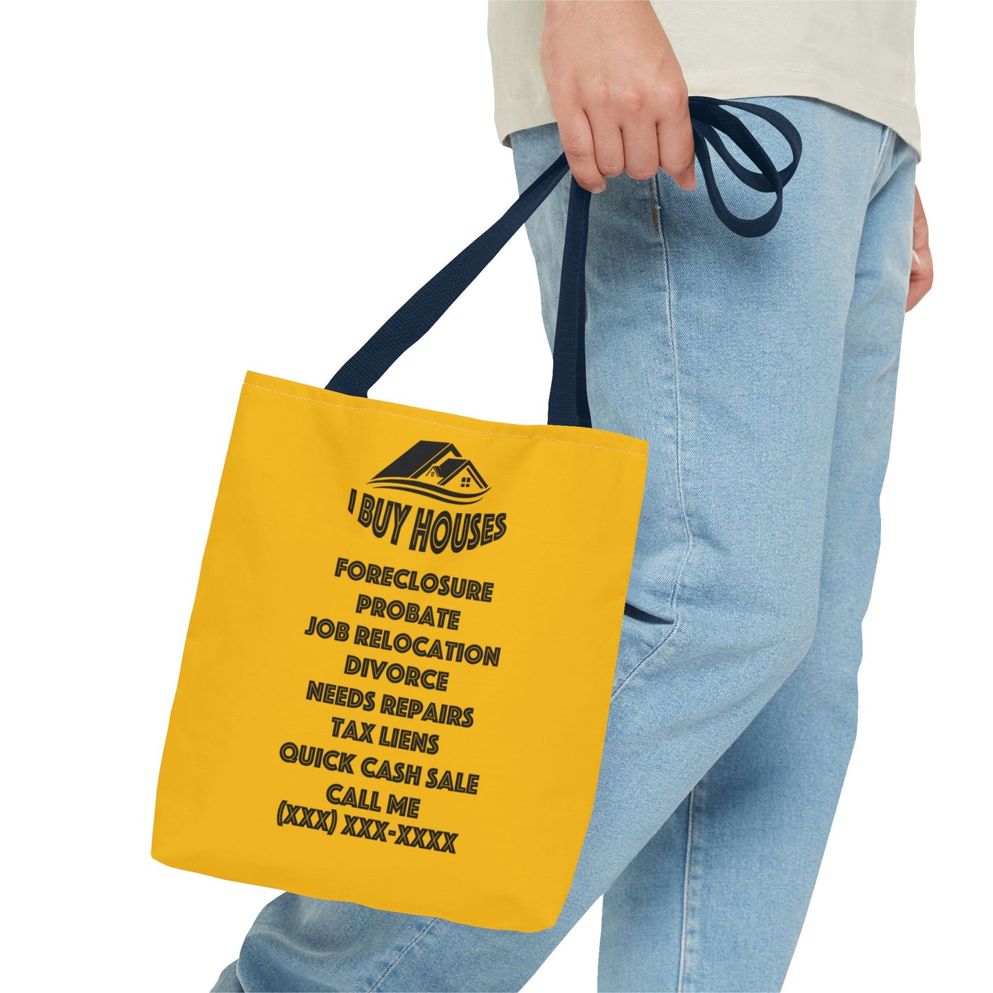 Ask Me About Buying Your House Real Estate Investor Two-Sided Yellow Tote Bag with Custom Phone Number