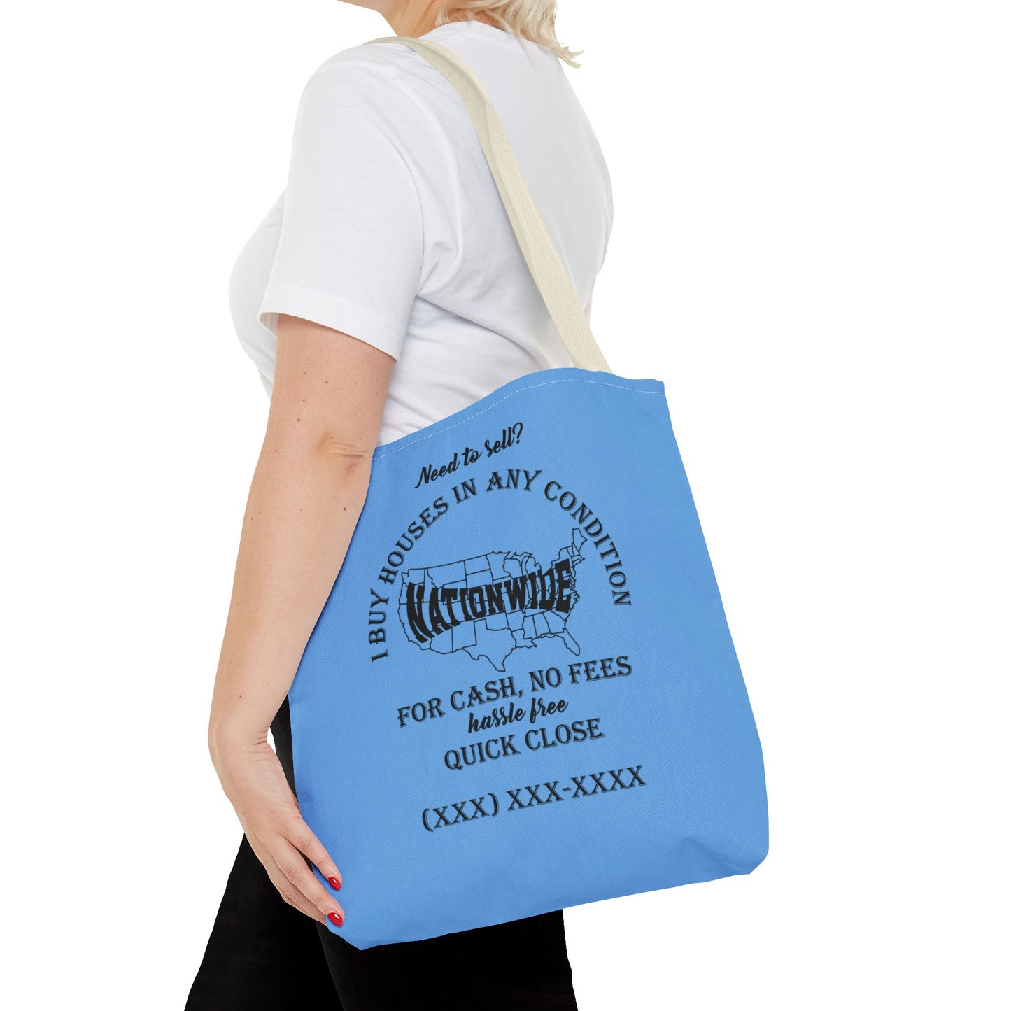 I Buy Houses Nationwide Real Estate Investor Two-Sided Blue Tote Bag with Custom Phone Number