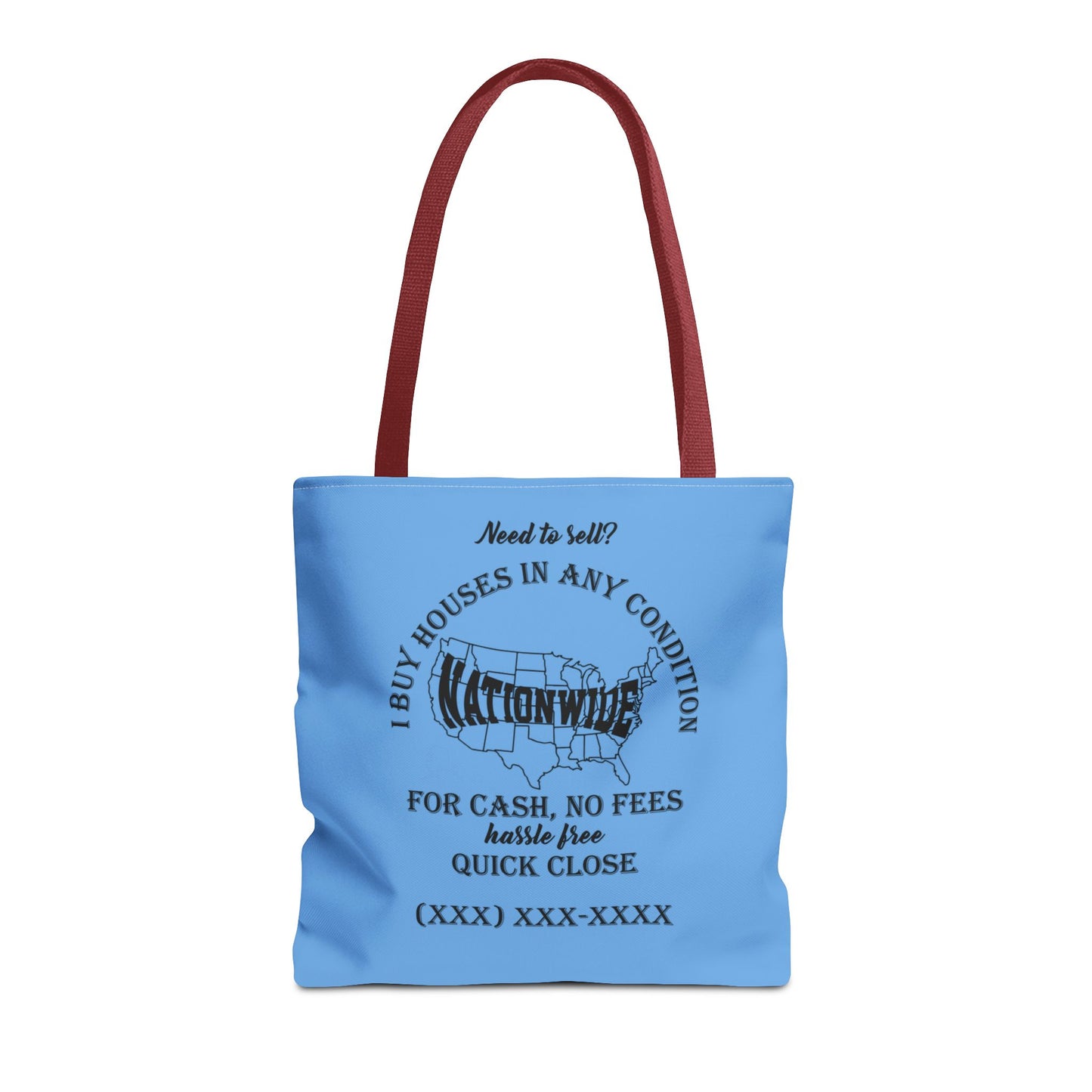 I Buy Houses Nationwide Real Estate Investor Two-Sided Blue Tote Bag with Custom Phone Number