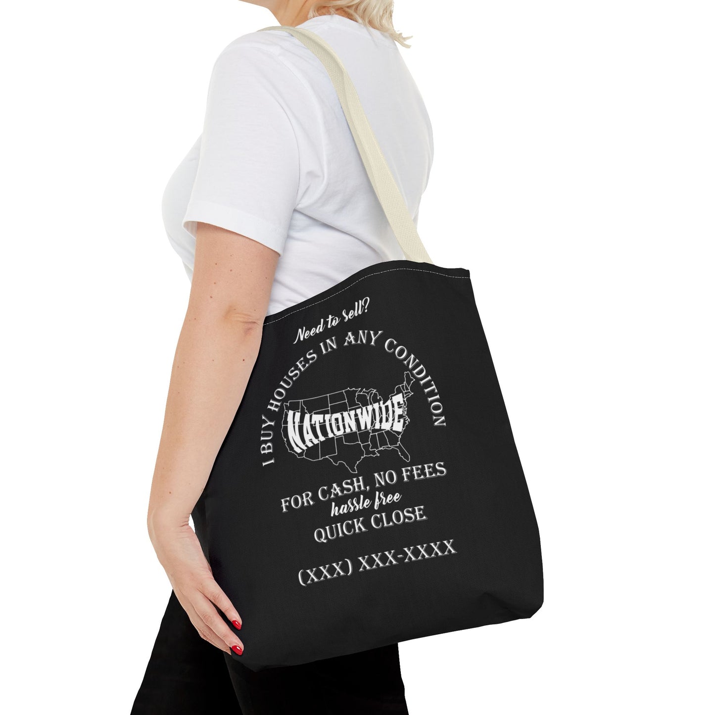 I Buy Houses Nationwide Real Estate Investor Two-Sided Black Tote Bag with Custom Phone Number