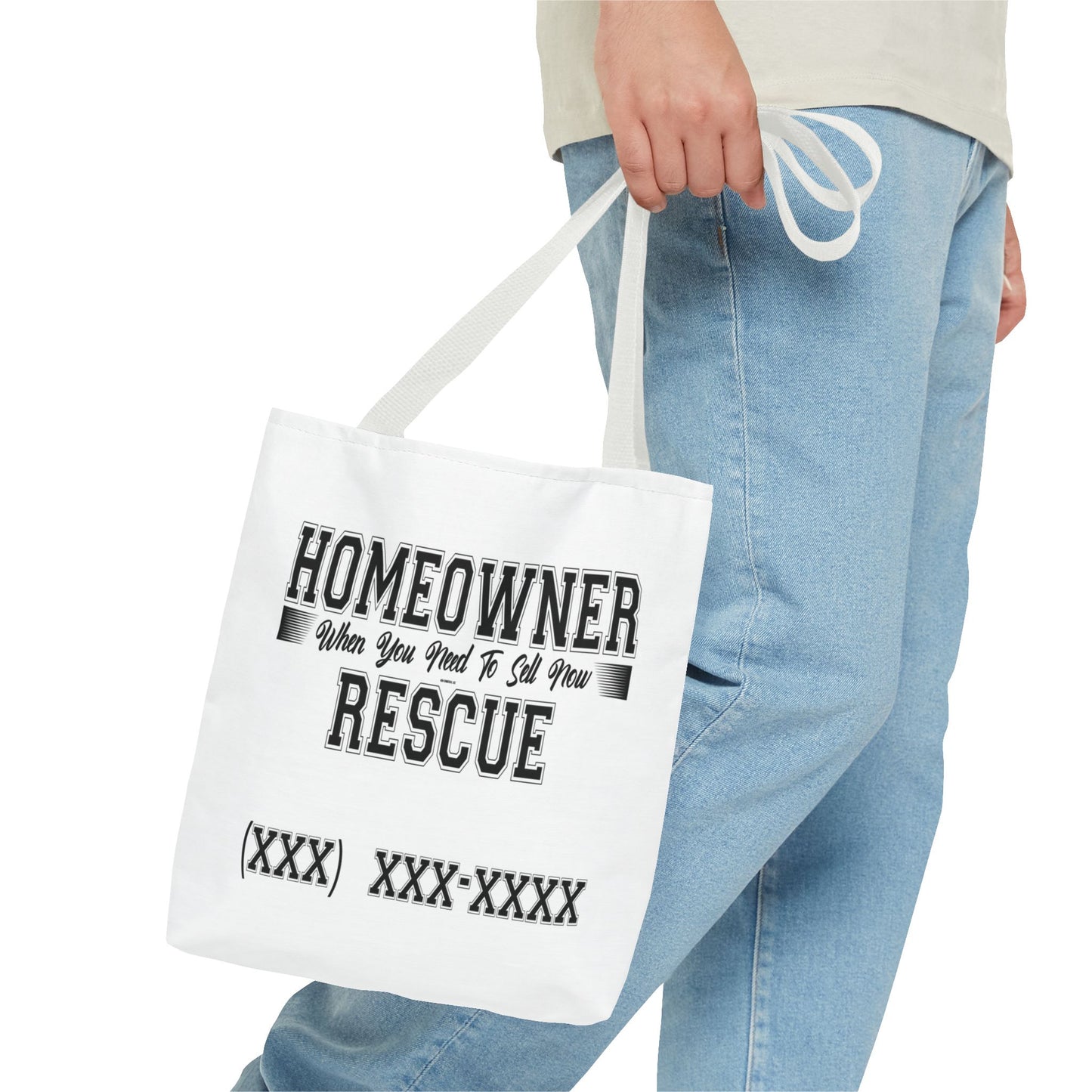 Homeowner Rescue Real Estate Investor Two-Sided White Tote Bag with Custom Phone Number