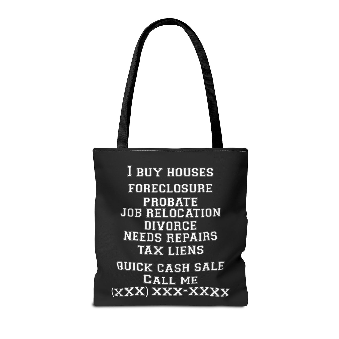 Homeowner Rescue Real Estate Investor Two-Sided Black Tote Bag with Custom Phone Number