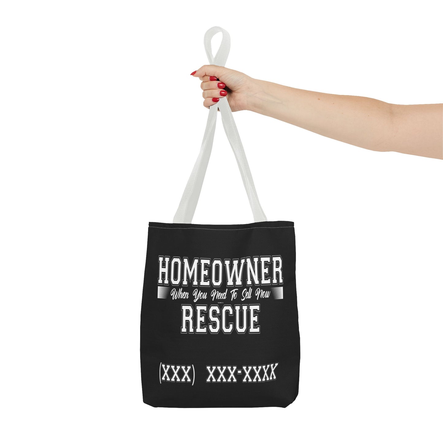 Homeowner Rescue Real Estate Investor Two-Sided Black Tote Bag with Custom Phone Number