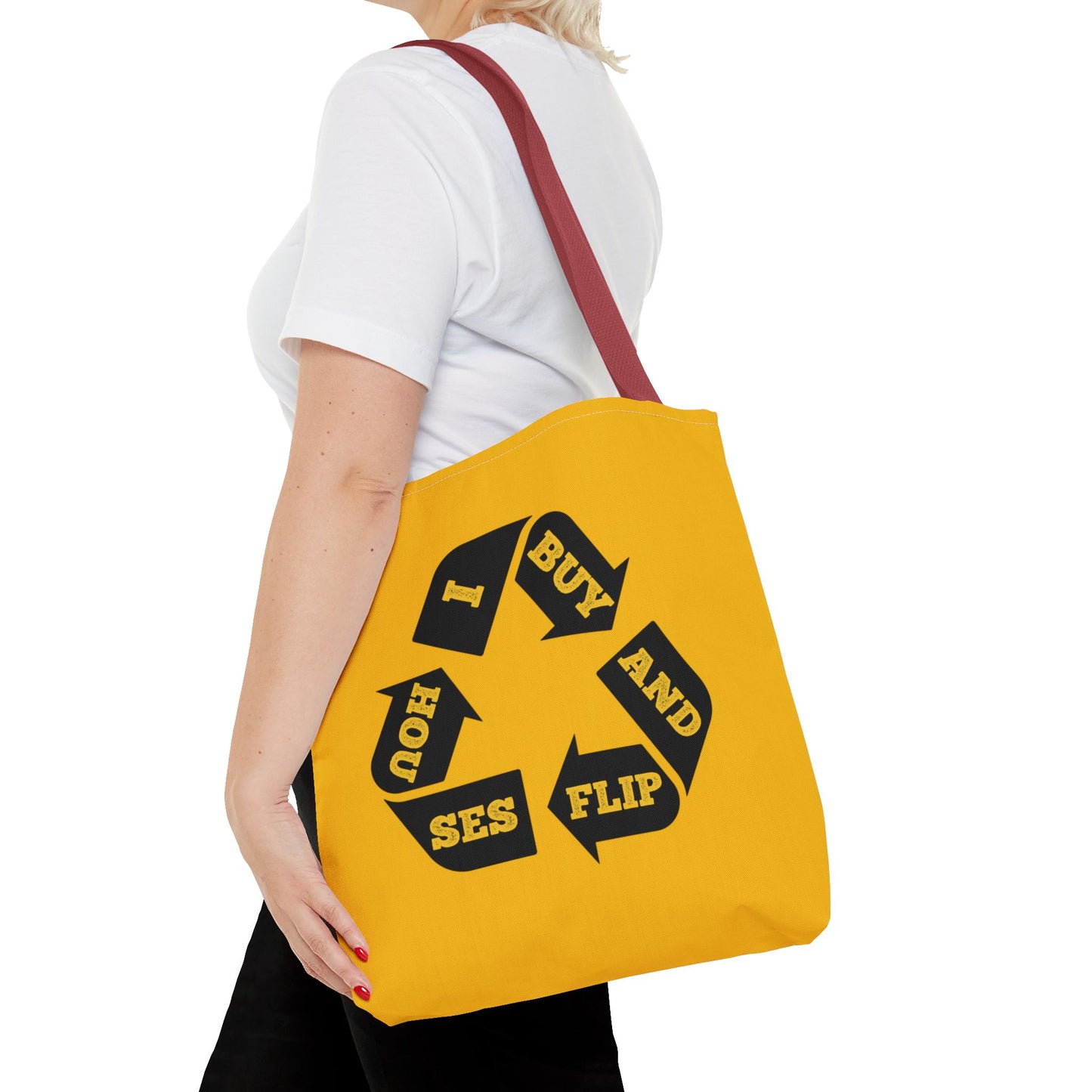 I Buy and Flip Houses to Buy Real Estate Investor Two-Sided Black & Yellow Tote Bag with Custom Phone Number