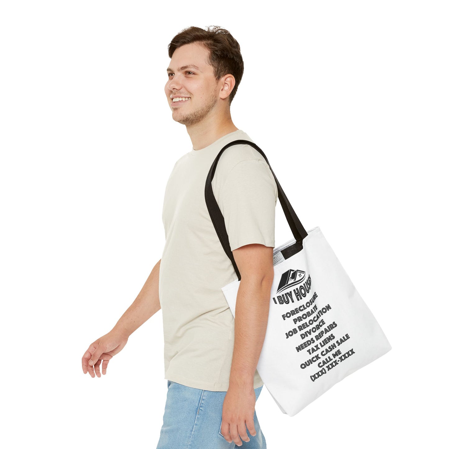 Ask Me About Buying Your House Real Estate Investor White Two-Sided Tote Bag with Custom Phone Number