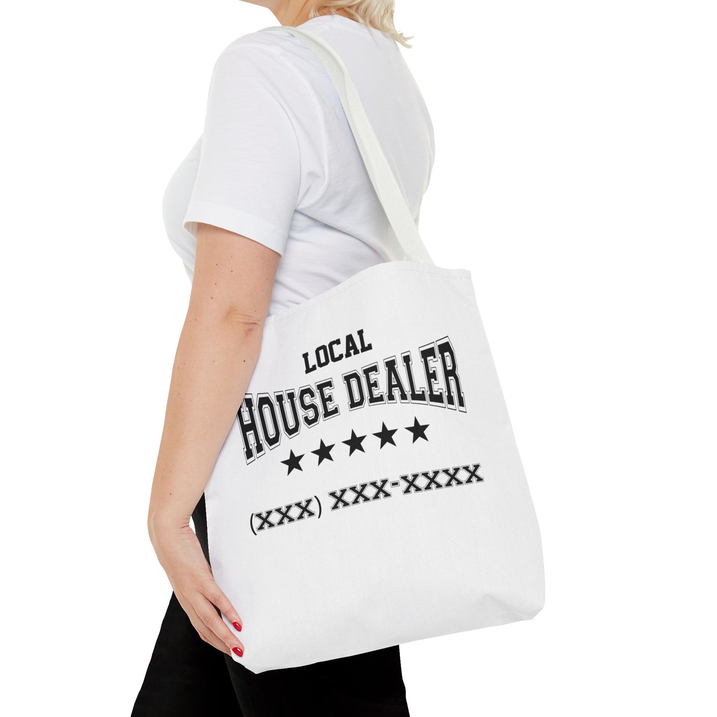 Local Five Star House Dealer Real Estate Investor Two-Sided White Tote Bag with Custom Phone Number