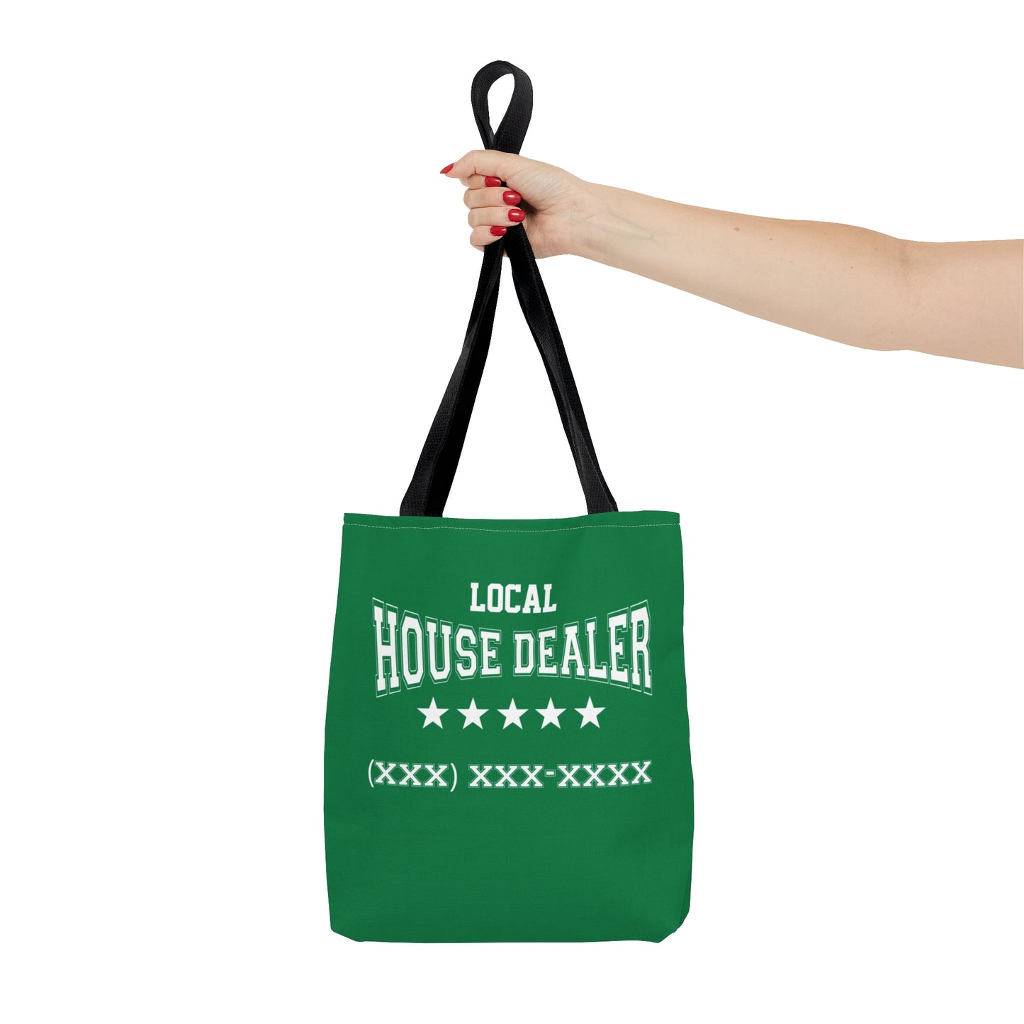 Local Five Star House Dealer Real Estate Investor Two-Sided Dark Green Tote Bag with Custom Phone Number