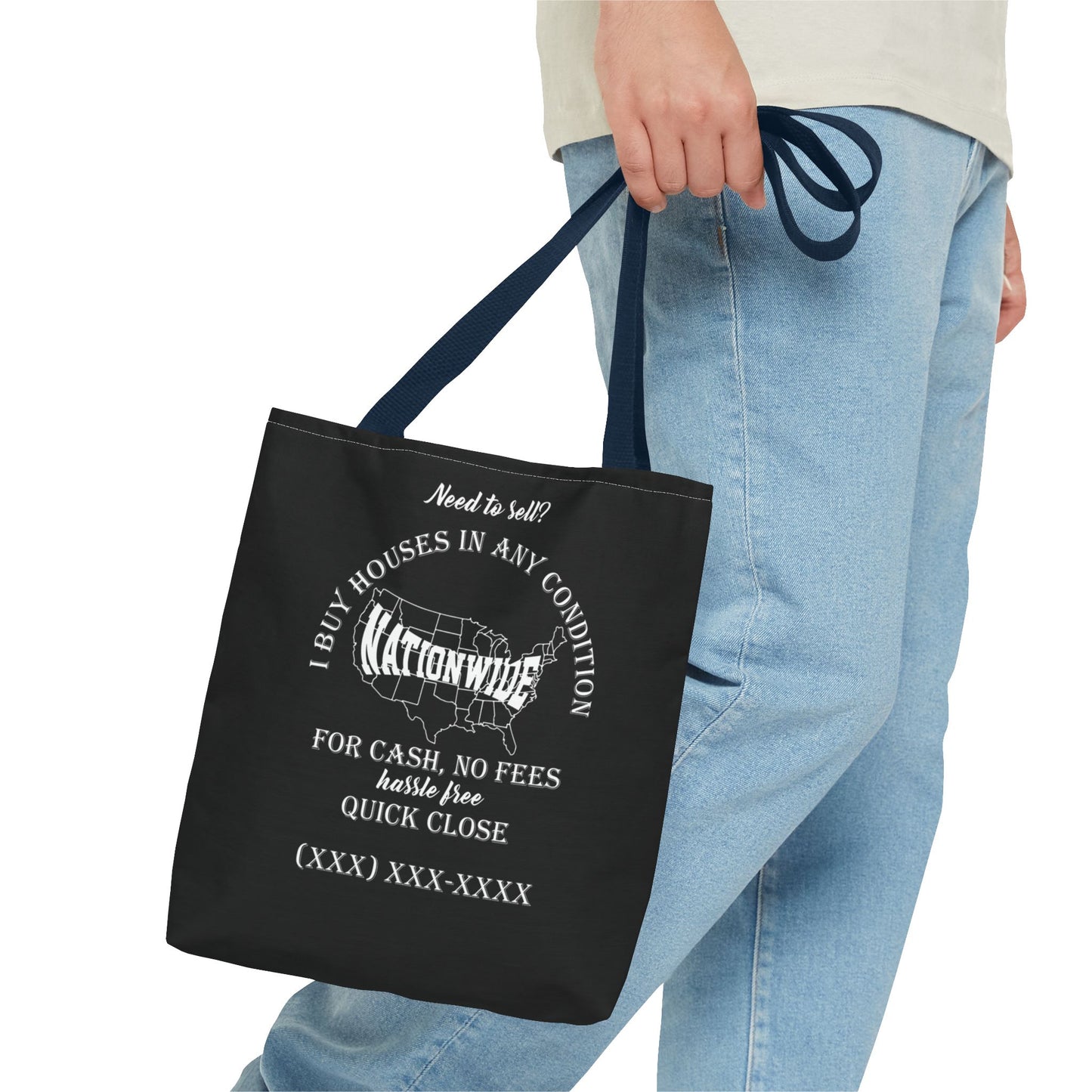 I Buy Houses Nationwide Real Estate Investor Two-Sided Black Tote Bag with Custom Phone Number