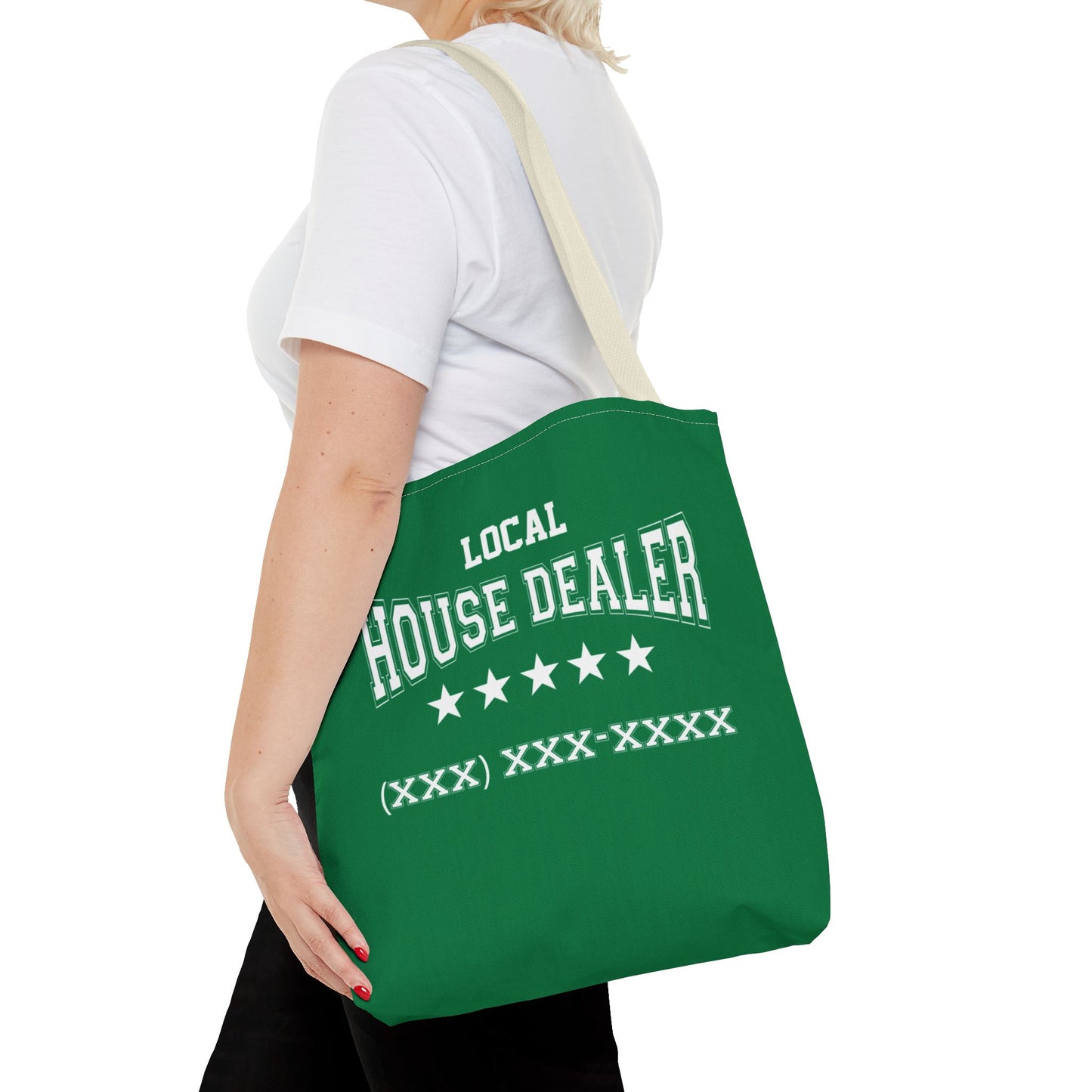 Local Five Star House Dealer Real Estate Investor Two-Sided Dark Green Tote Bag with Custom Phone Number