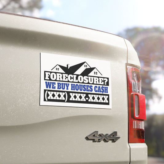 Foreclosure? We Buy Houses Cash. Real Estate Investor and Wholesaler Blue and Black Car Magnets for Hot Leads