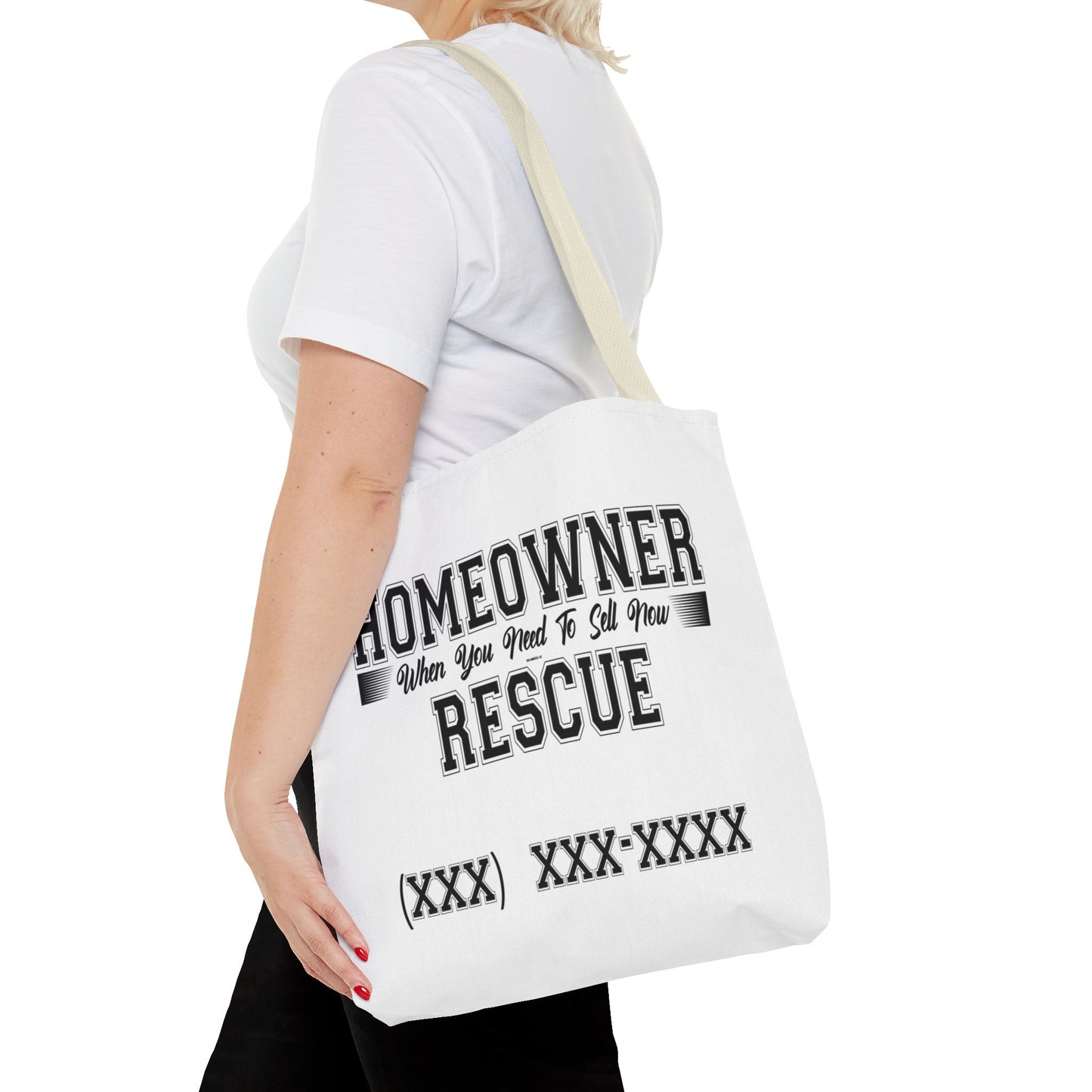 Homeowner Rescue Real Estate Investor Two-Sided White Tote Bag with Custom Phone Number