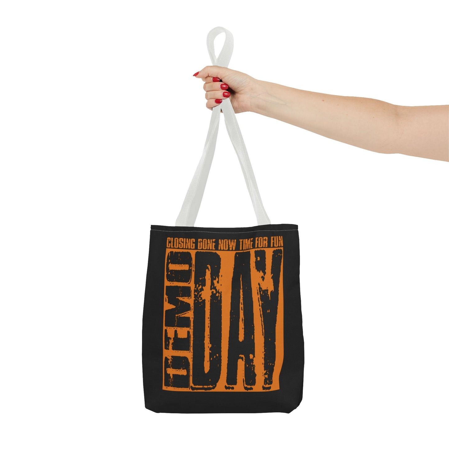 Demo Day Closing Done Now Time for Fun Lead Generation Two-Sided Black Tote Bag with Custom Phone Number