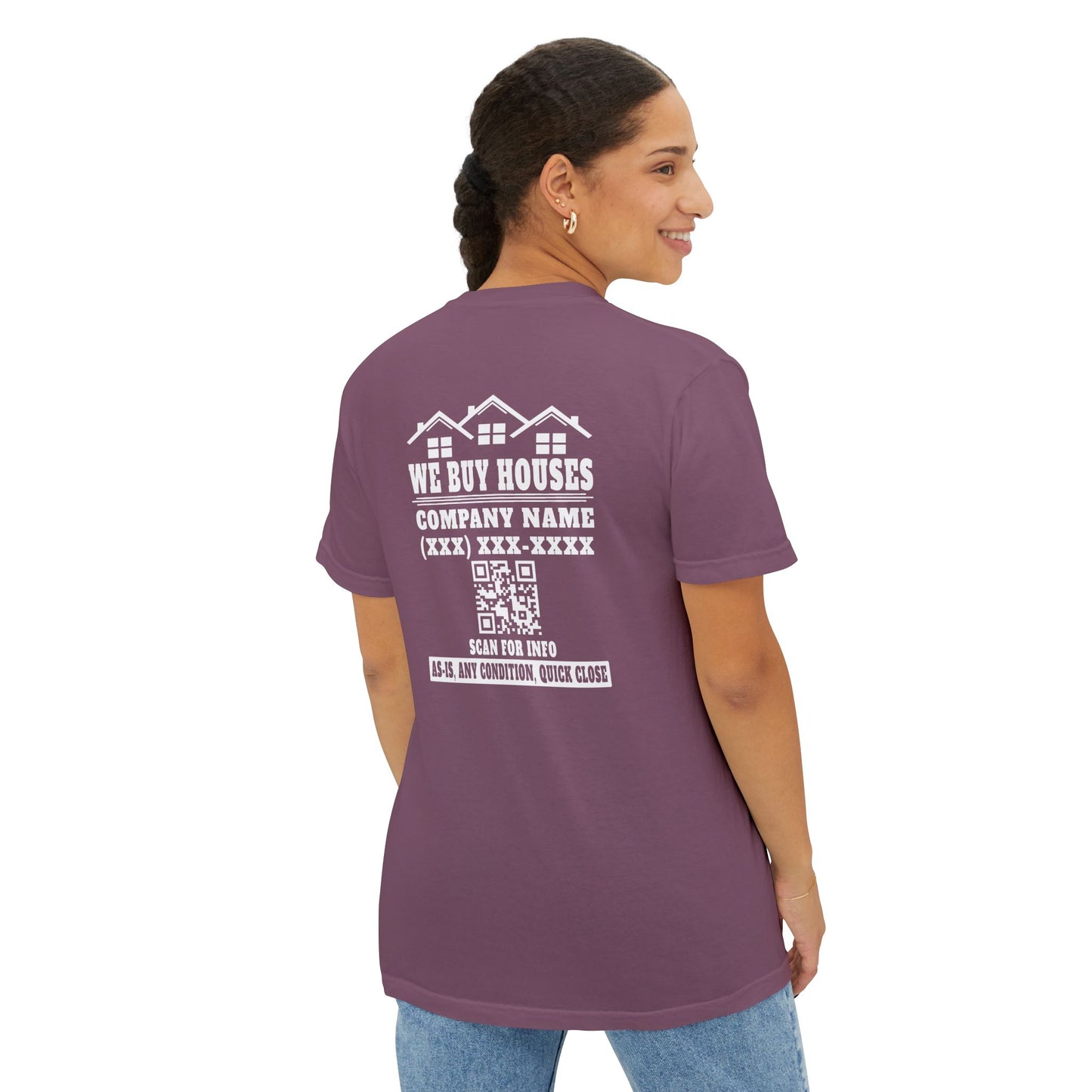 We Buy Houses Company Name Phone Number & QR Code with Front Pocket Unisex Garment-Dyed Pocket T-Shirt for Real Estate Investors, House Flippers and Wholesalers