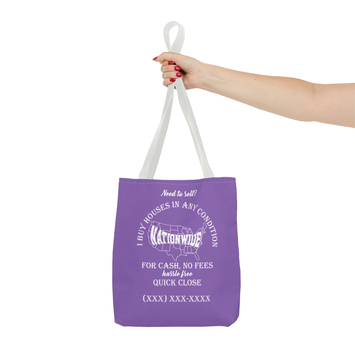 I Buy Houses Nationwide Real Estate Investor Two-Sided Purple Tote Bag with Custom Phone Number