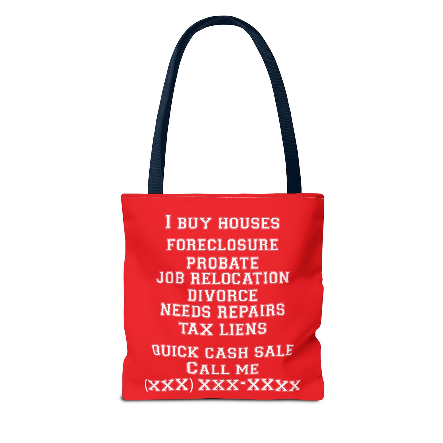 Foreclosure Rescue Real Estate Investor Two-Sided Red Tote Bag with Custom Phone Number