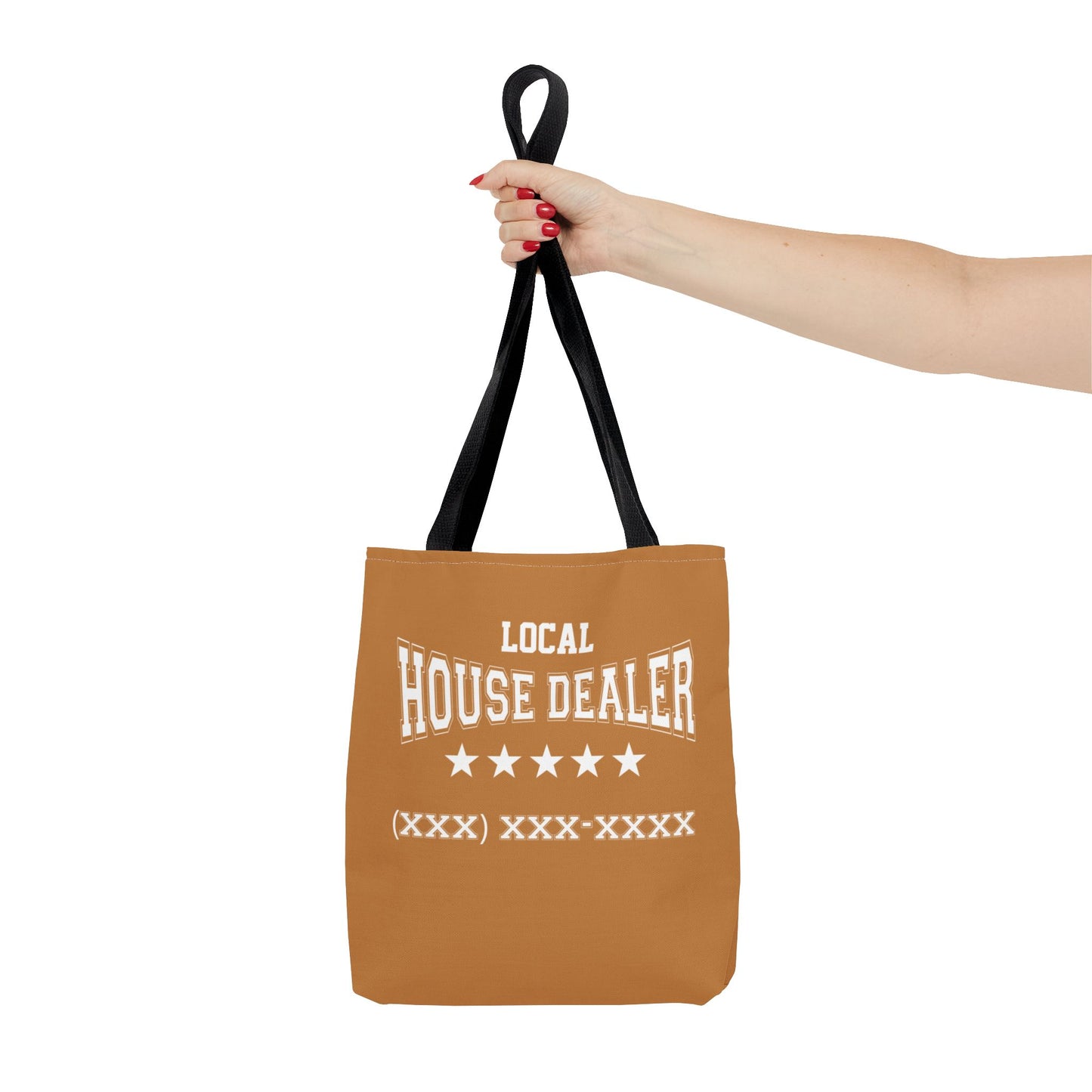 Local Five Star House Dealer Real Estate Investor Two-Sided Brown Tote Bag with Custom Phone Number