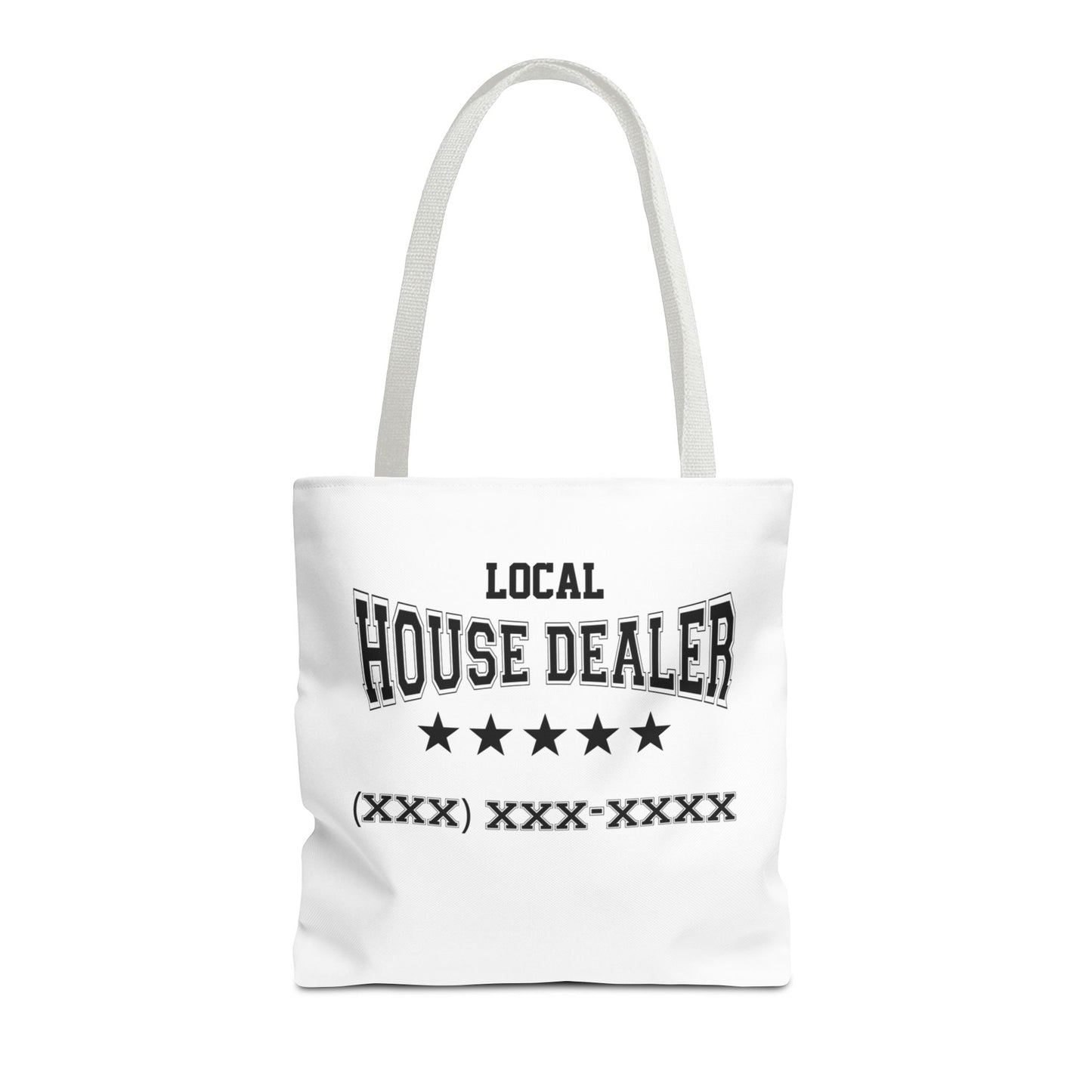 Local Five Star House Dealer Real Estate Investor Two-Sided White Tote Bag with Custom Phone Number