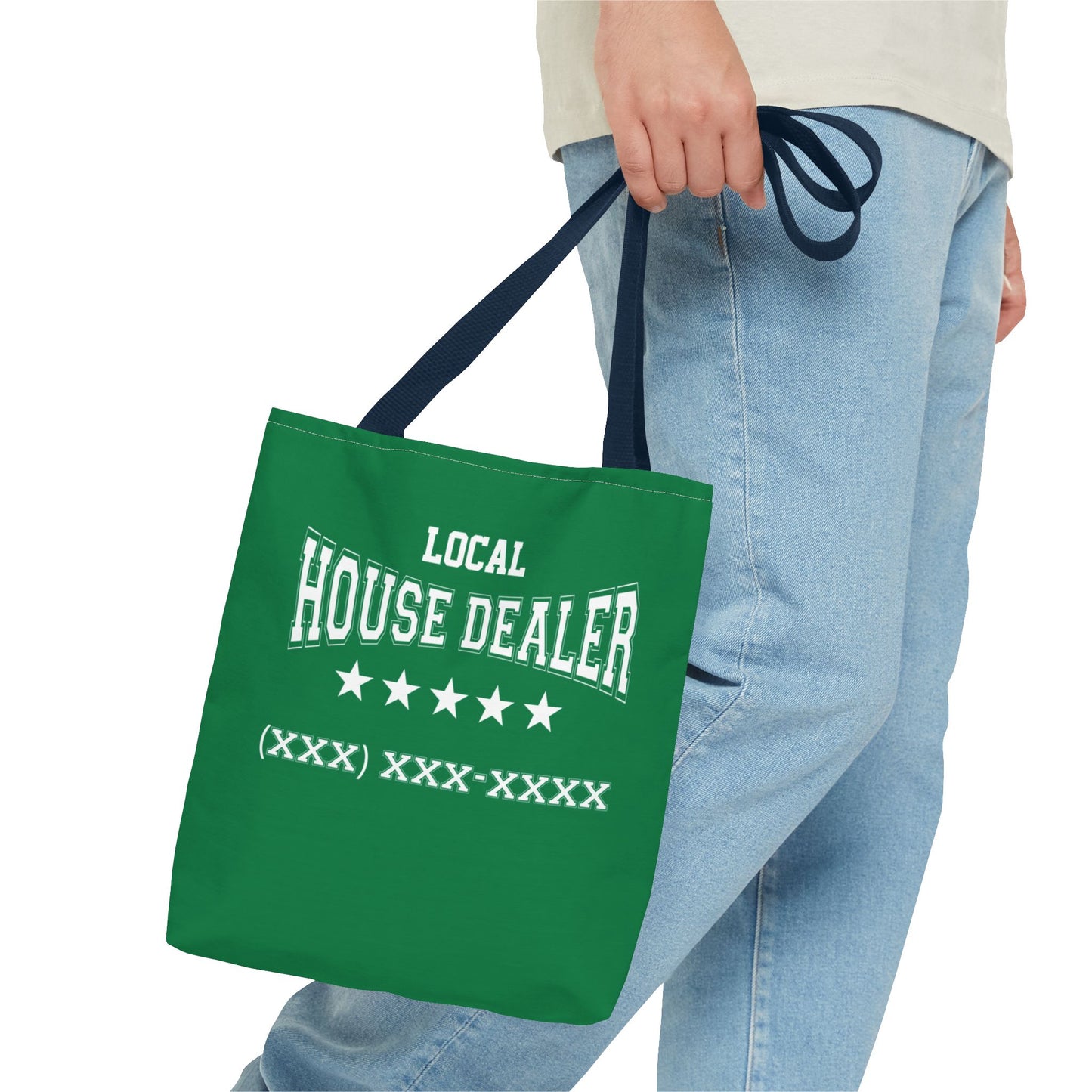 Local Five Star House Dealer Real Estate Investor Two-Sided Dark Green Tote Bag with Custom Phone Number