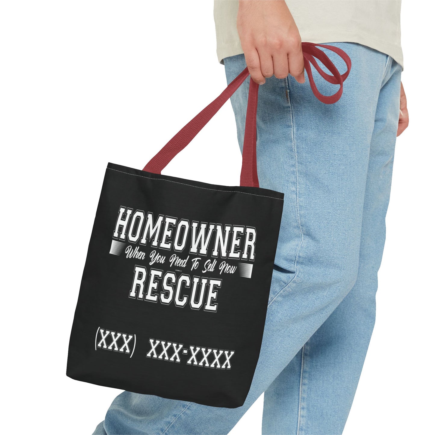 Homeowner Rescue Real Estate Investor Two-Sided Black Tote Bag with Custom Phone Number