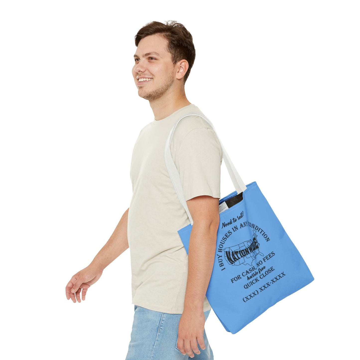 I Buy Houses Nationwide Real Estate Investor Two-Sided Blue Tote Bag with Custom Phone Number