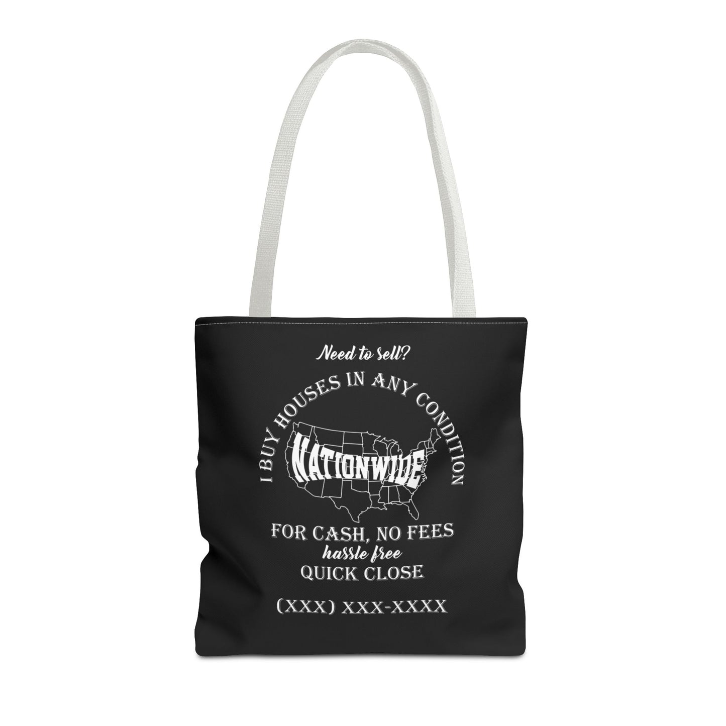 I Buy Houses Nationwide Real Estate Investor Two-Sided Black Tote Bag with Custom Phone Number