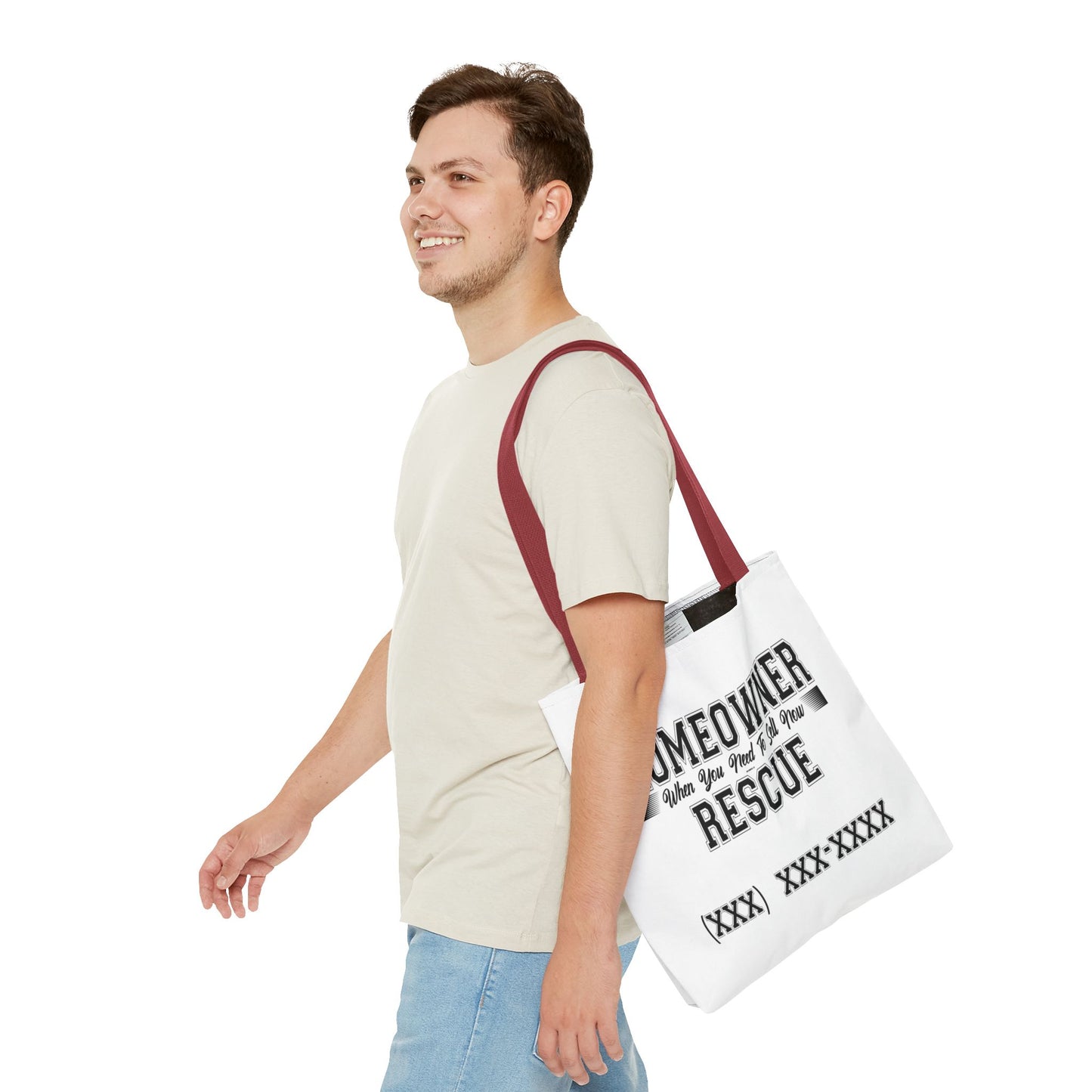 Homeowner Rescue Real Estate Investor Two-Sided White Tote Bag with Custom Phone Number