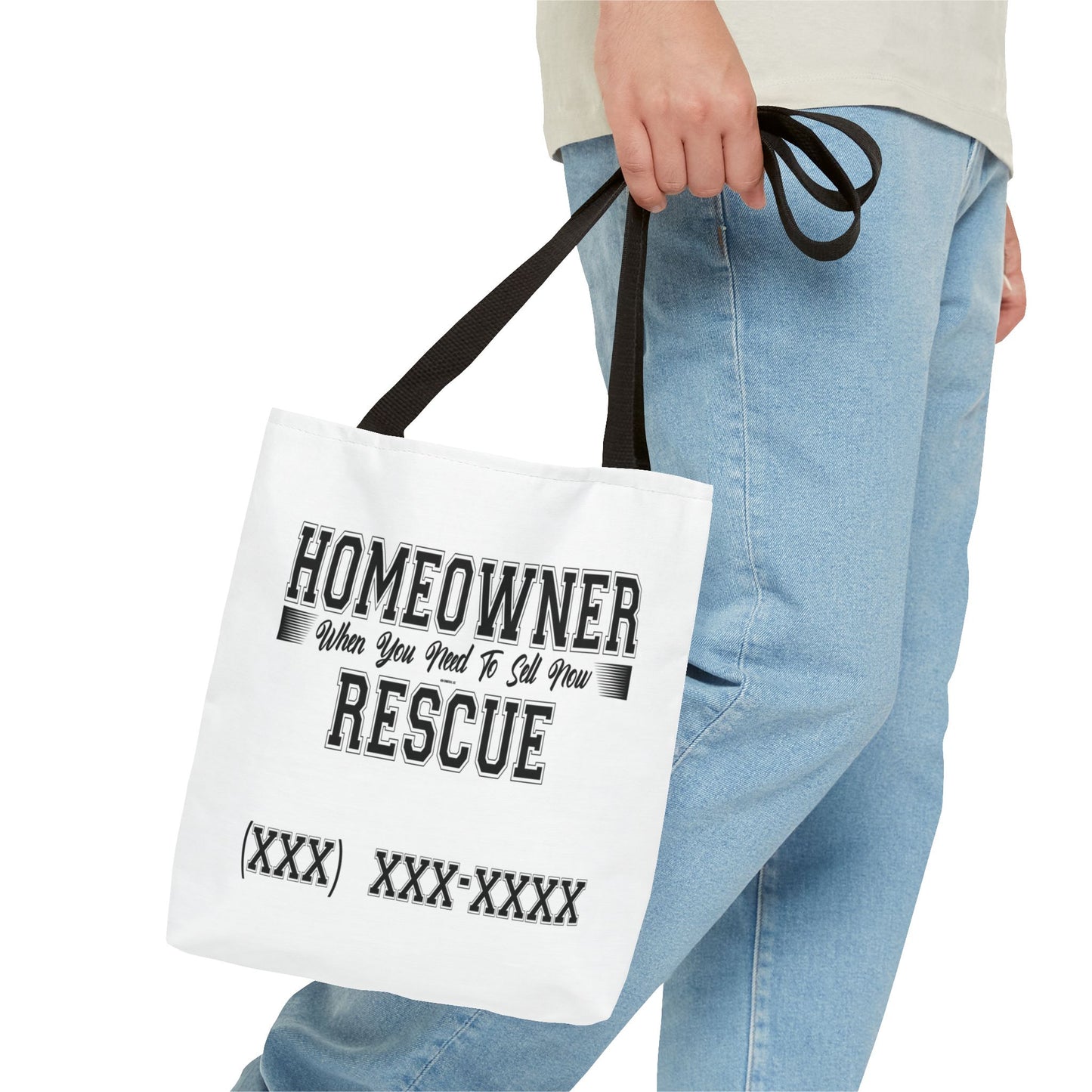 Homeowner Rescue Real Estate Investor Two-Sided White Tote Bag with Custom Phone Number