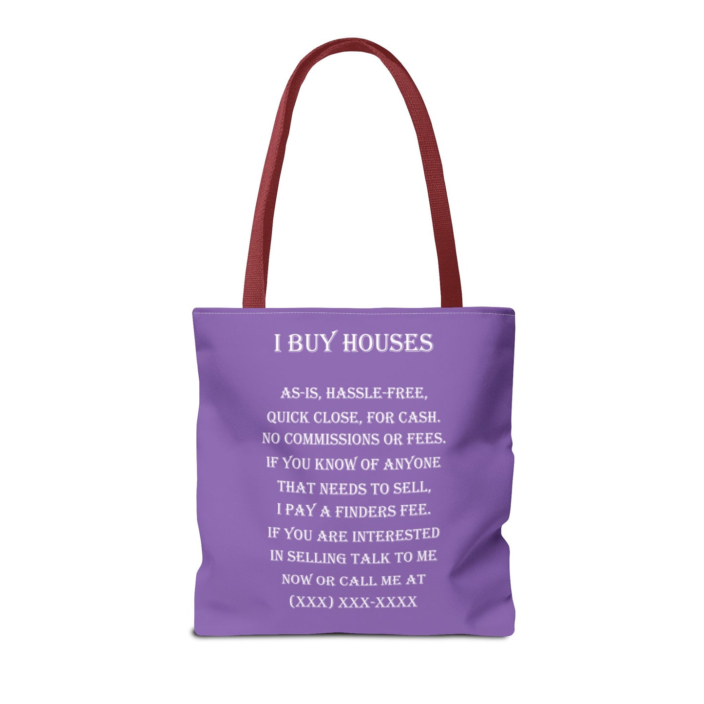 I Buy Houses Nationwide Real Estate Investor Two-Sided Purple Tote Bag with Custom Phone Number