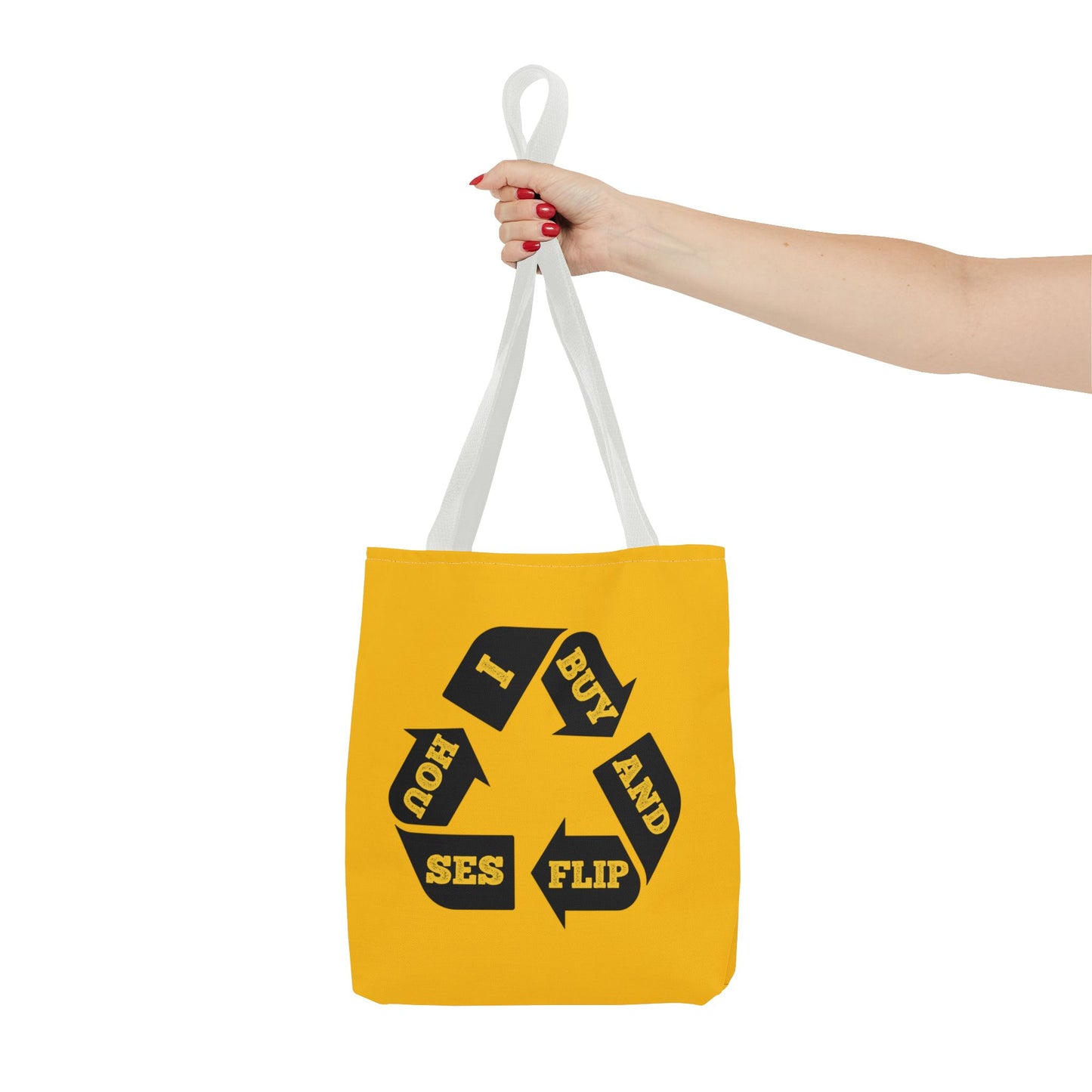 I Buy and Flip Houses to Buy Real Estate Investor Two-Sided Black & Yellow Tote Bag with Custom Phone Number