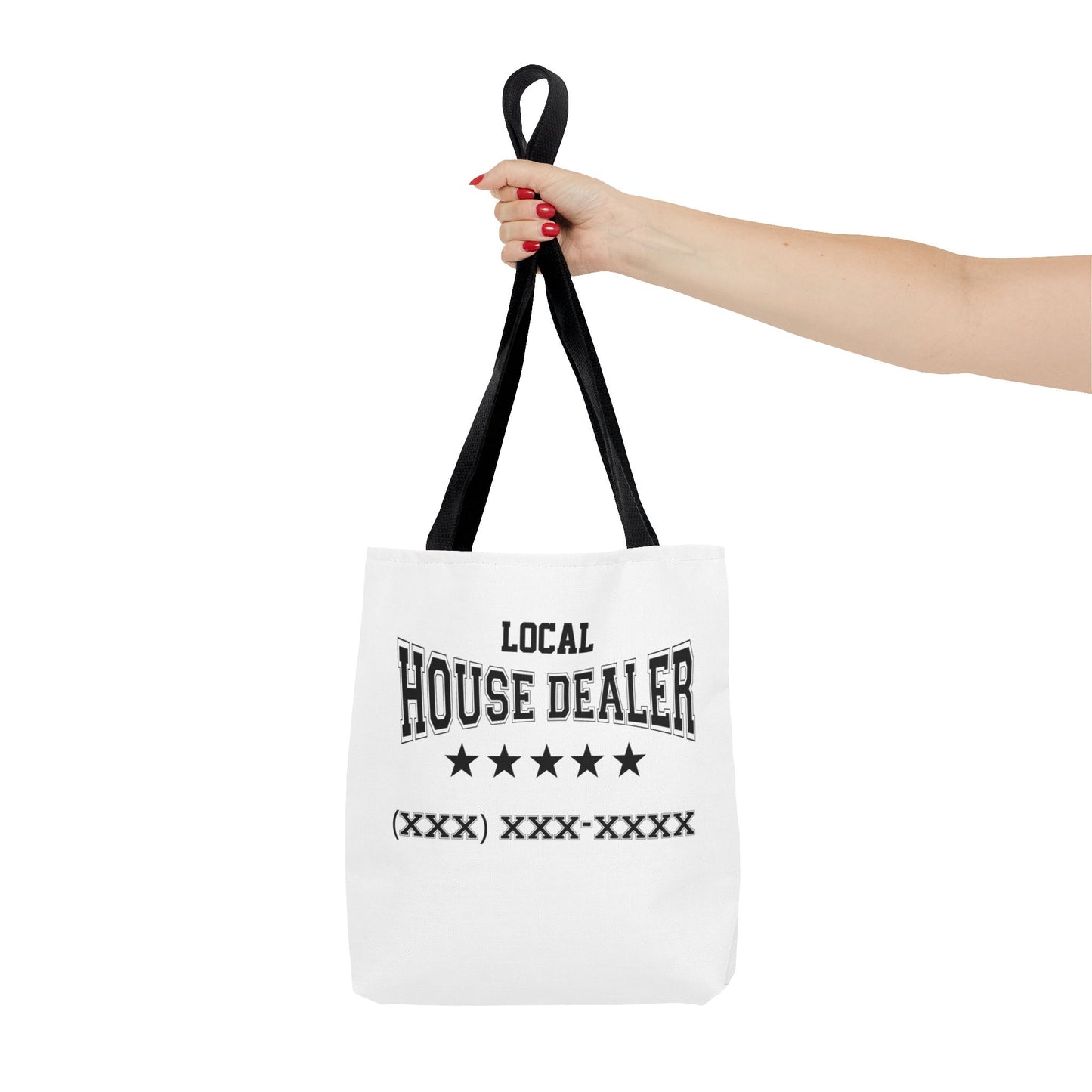 Local Five Star House Dealer Real Estate Investor Two-Sided White Tote Bag with Custom Phone Number