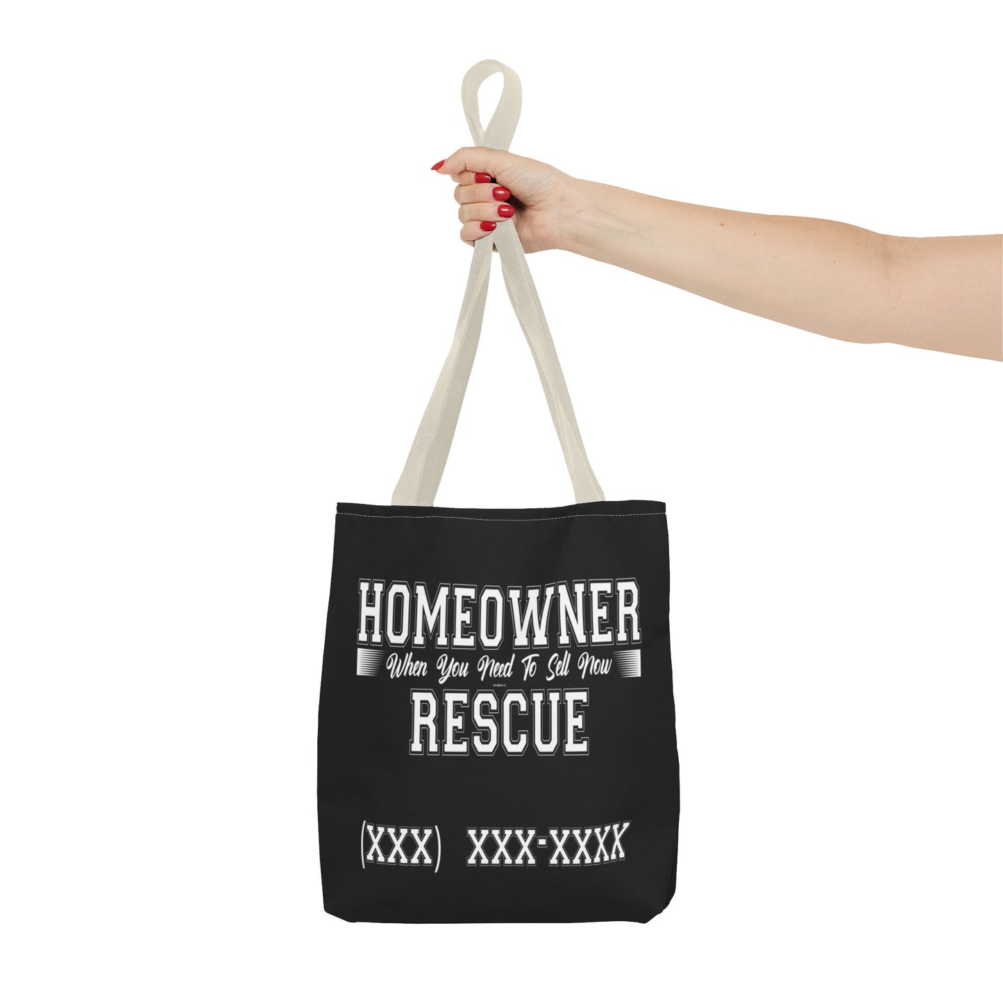 Homeowner Rescue Real Estate Investor Two-Sided Black Tote Bag with Custom Phone Number