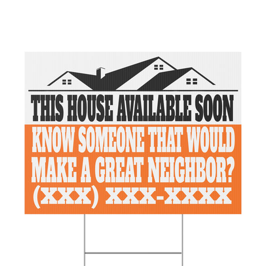 This House Available Soon Black & Orange 24" x 18" Plastic Yard Sign - Flippers, Wholesalers, Real Estate Investors