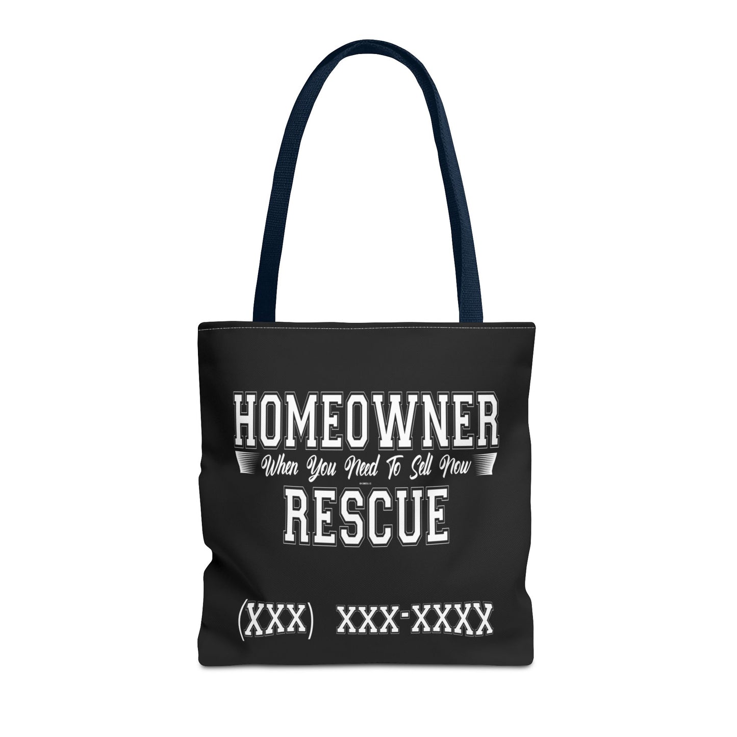 Homeowner Rescue Real Estate Investor Two-Sided Black Tote Bag with Custom Phone Number