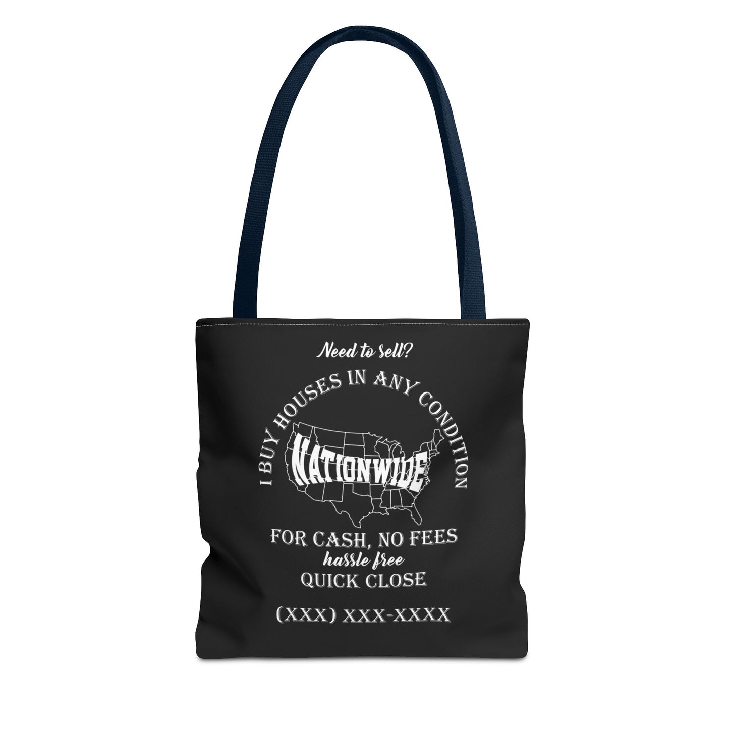 I Buy Houses Nationwide Real Estate Investor Two-Sided Black Tote Bag with Custom Phone Number