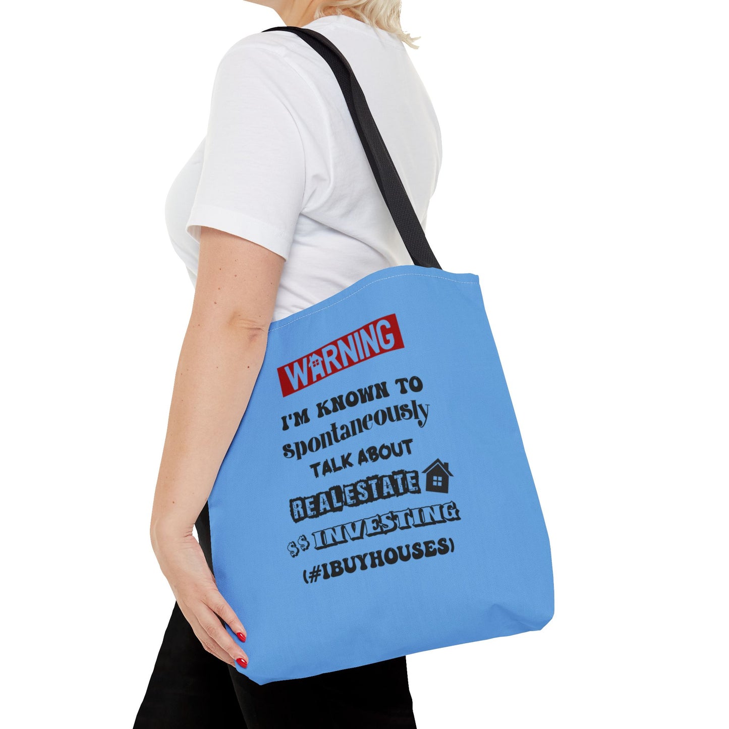 Warning I'm Known to Spontaneously Talk About Real Estate Investing Real Estate Investor Two-Sided Blue Tote Bag with Custom Phone Number