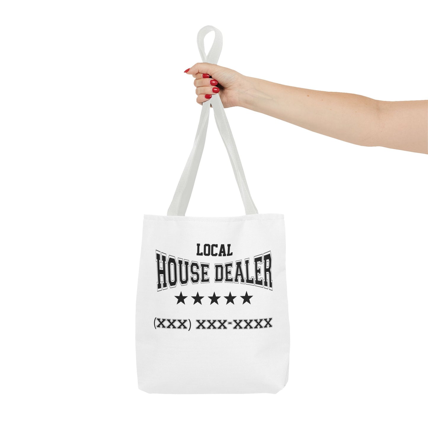 Local Five Star House Dealer Real Estate Investor Two-Sided White Tote Bag with Custom Phone Number