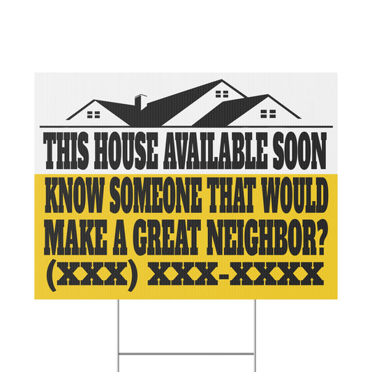 This House Available Soon Black & Yellow 24" x 18" Plastic Yard Sign - Flippers, Wholesalers, Real Estate Investors