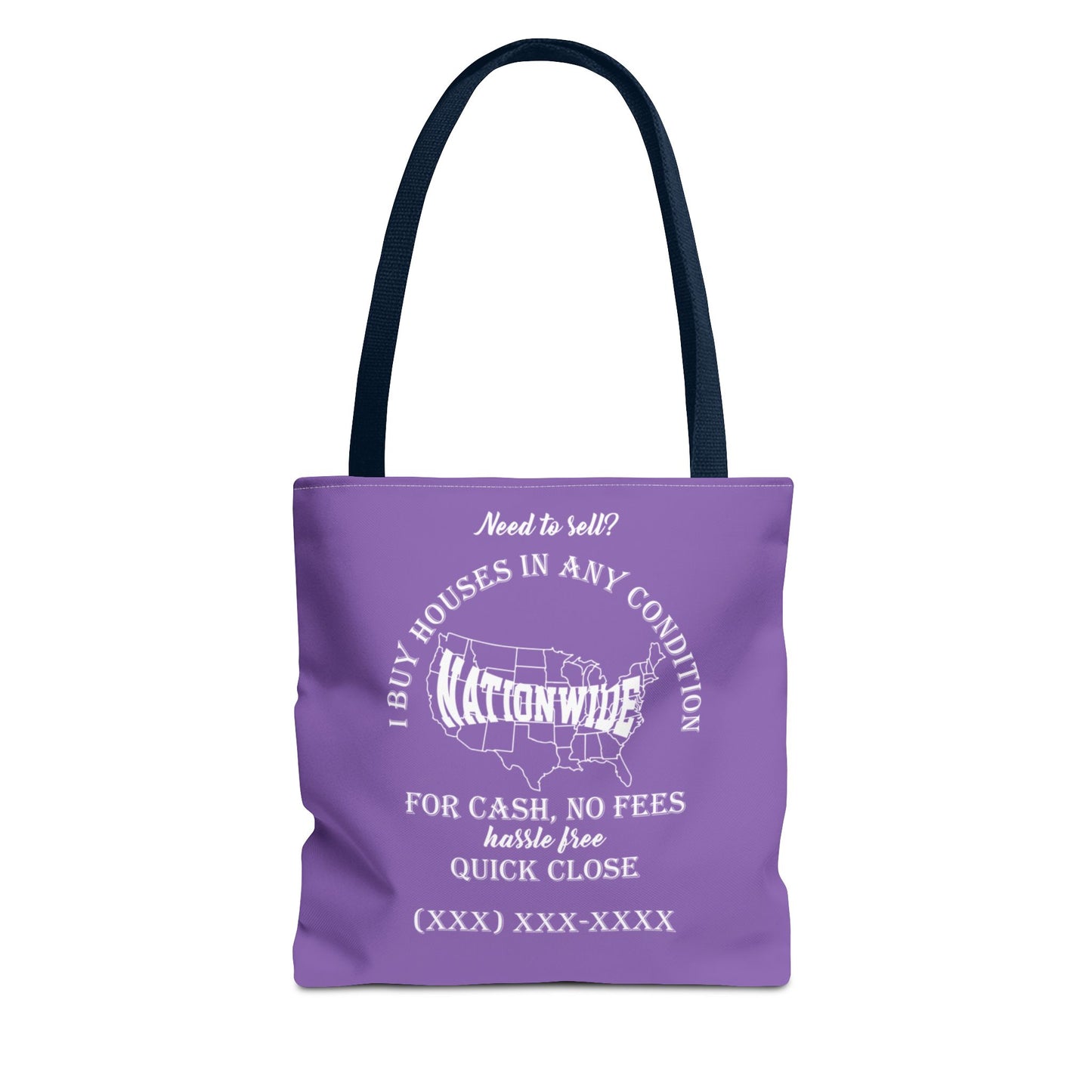 I Buy Houses Nationwide Real Estate Investor Two-Sided Purple Tote Bag with Custom Phone Number