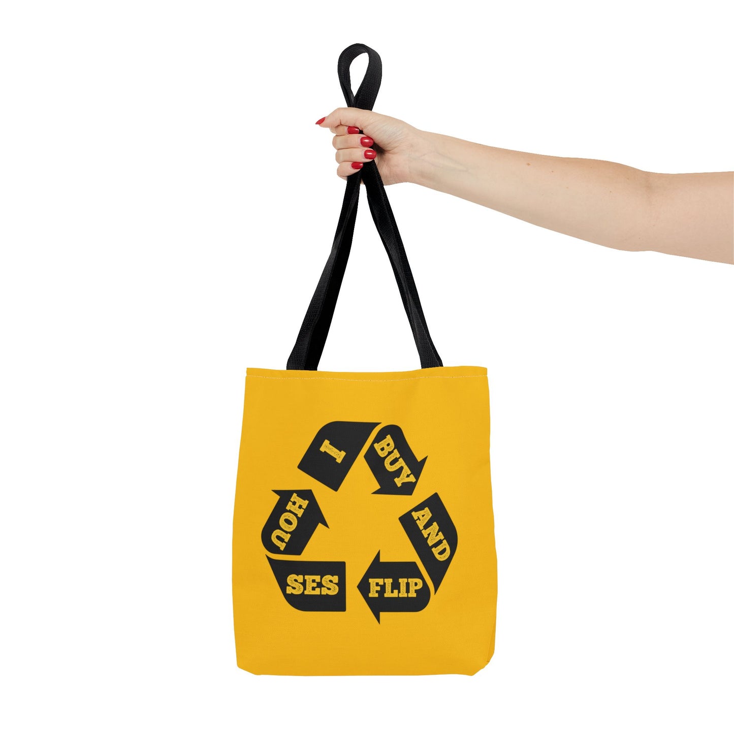 I Buy and Flip Houses to Buy Real Estate Investor Two-Sided Black & Yellow Tote Bag with Custom Phone Number