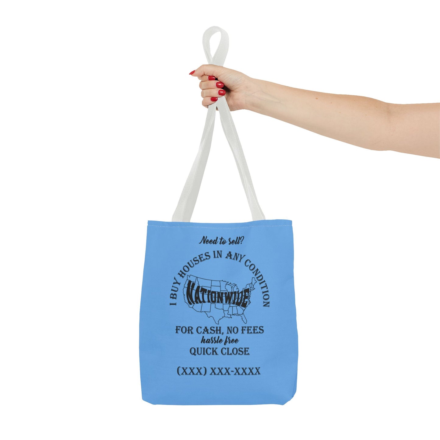 I Buy Houses Nationwide Real Estate Investor Two-Sided Blue Tote Bag with Custom Phone Number