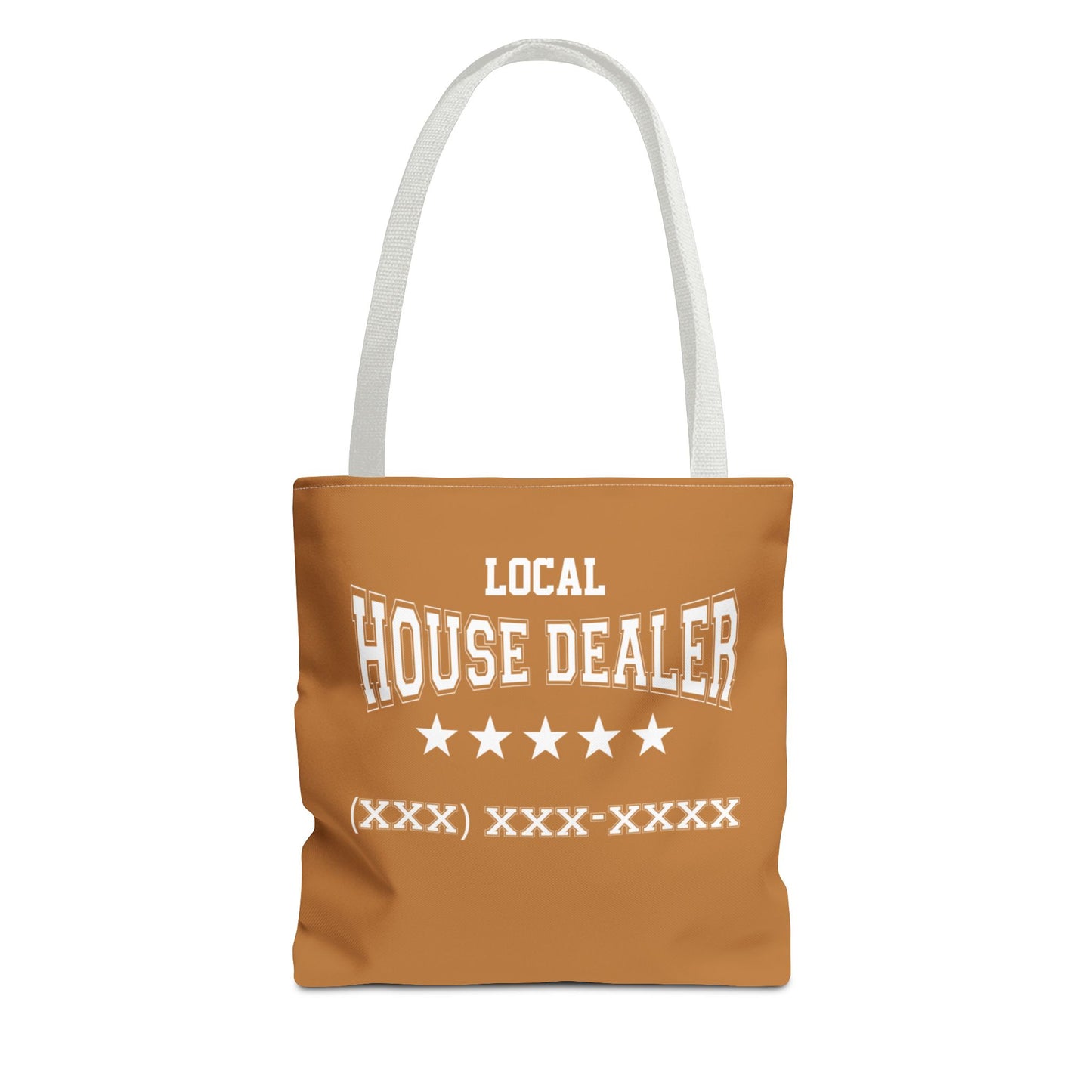 Local Five Star House Dealer Real Estate Investor Two-Sided Brown Tote Bag with Custom Phone Number