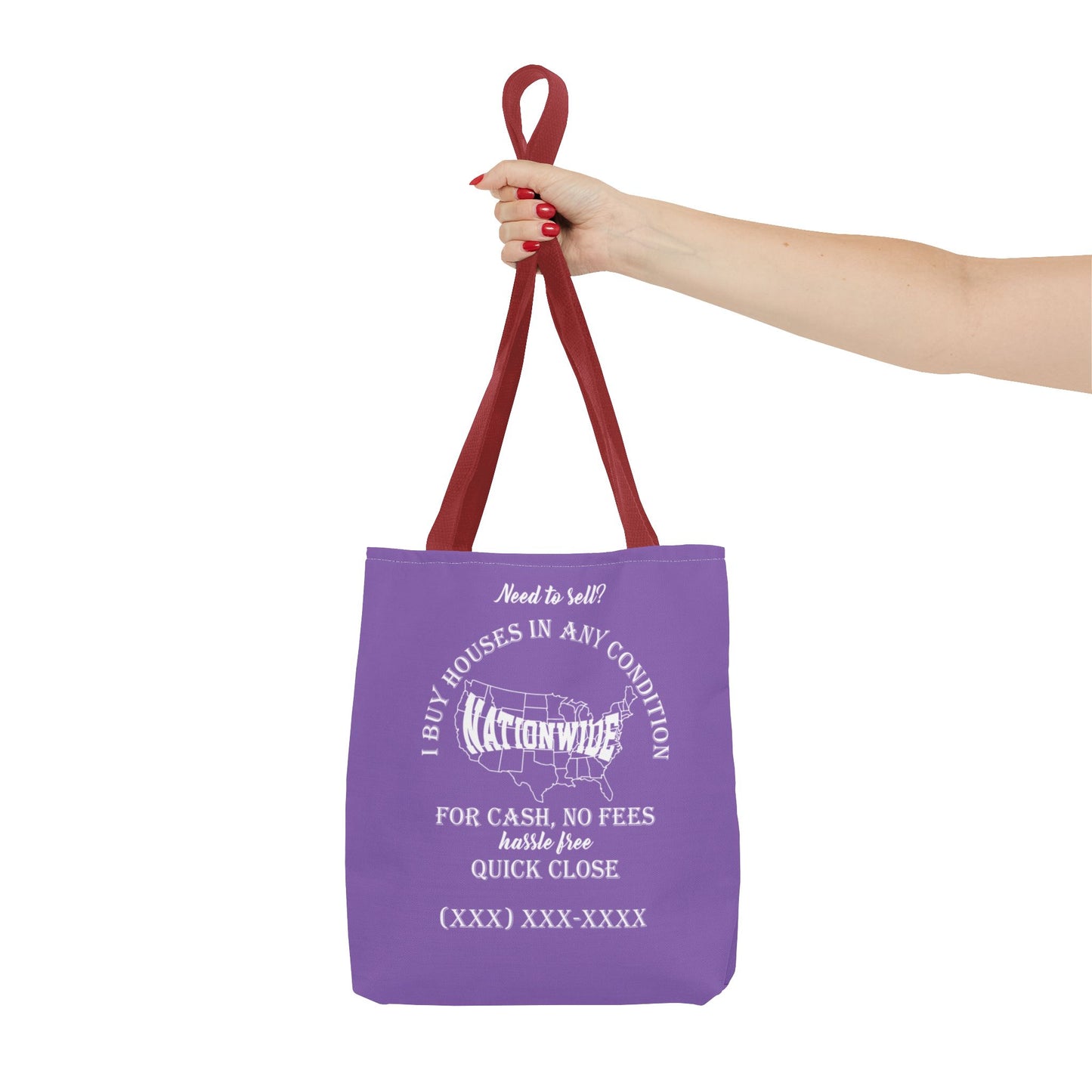 I Buy Houses Nationwide Real Estate Investor Two-Sided Purple Tote Bag with Custom Phone Number