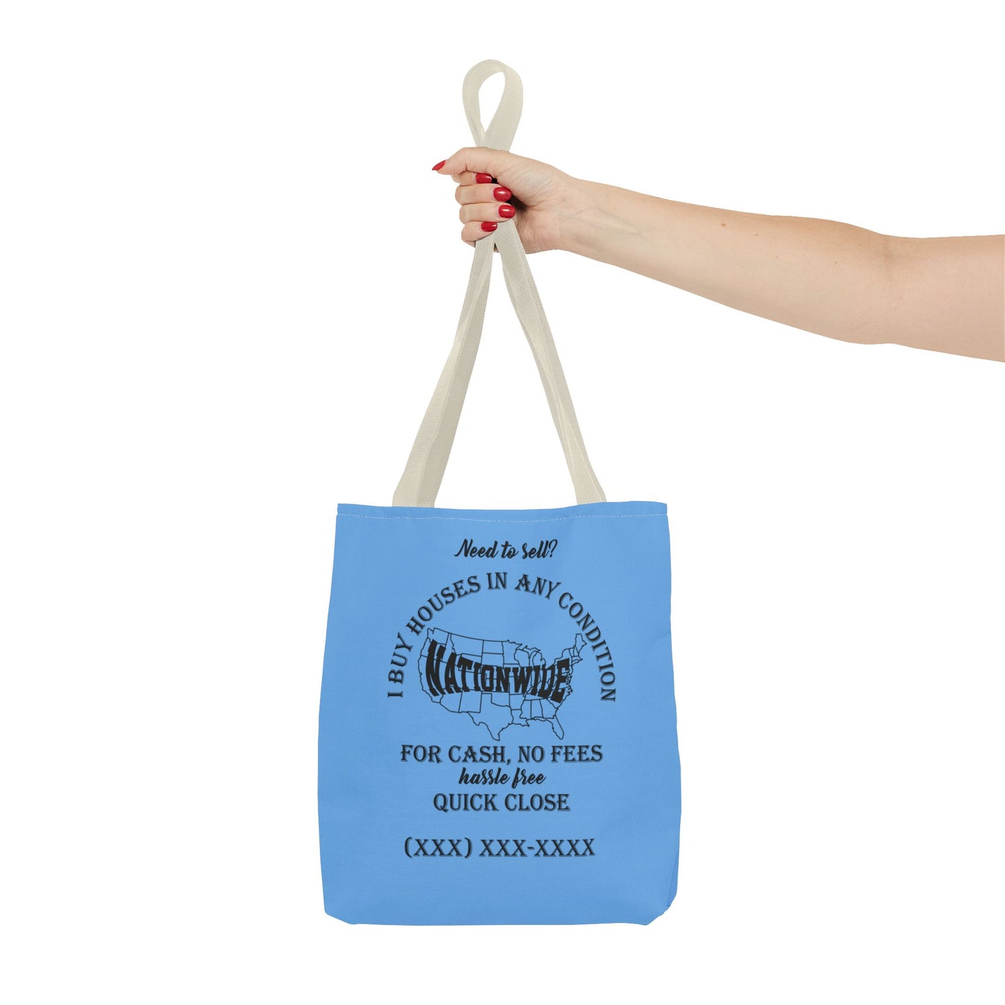 I Buy Houses Nationwide Real Estate Investor Two-Sided Blue Tote Bag with Custom Phone Number