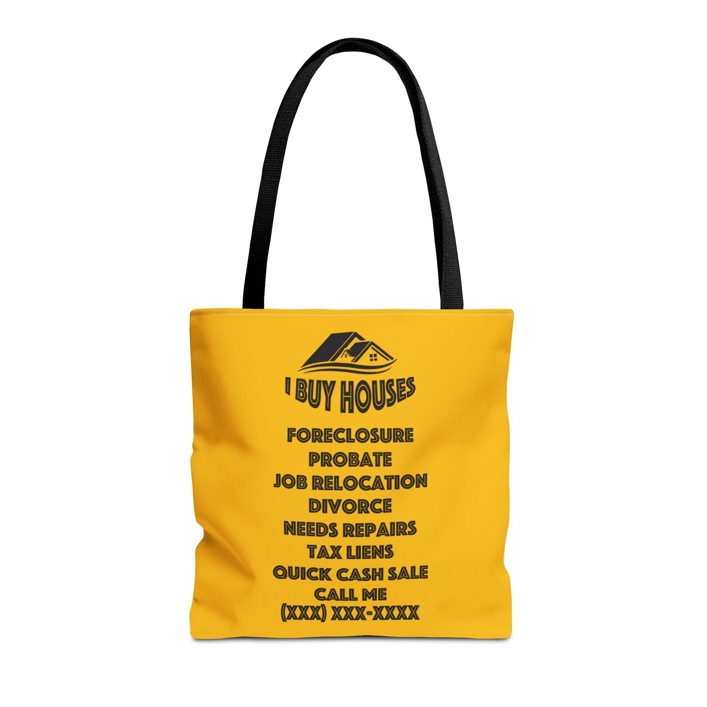 Ask Me About Buying Your House Real Estate Investor Two-Sided Yellow Tote Bag with Custom Phone Number