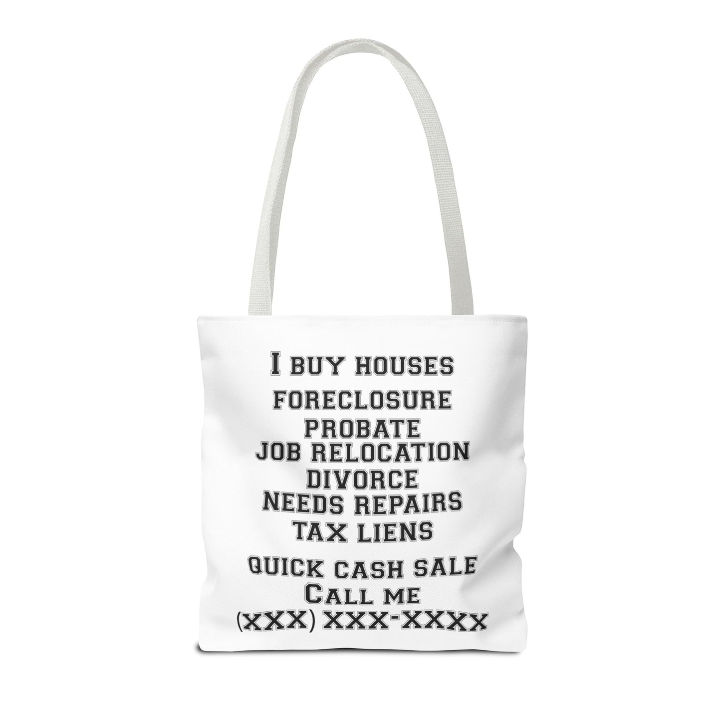 Homeowner Rescue Real Estate Investor Two-Sided White Tote Bag with Custom Phone Number