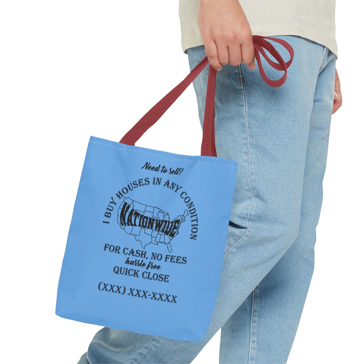 I Buy Houses Nationwide Real Estate Investor Two-Sided Blue Tote Bag with Custom Phone Number