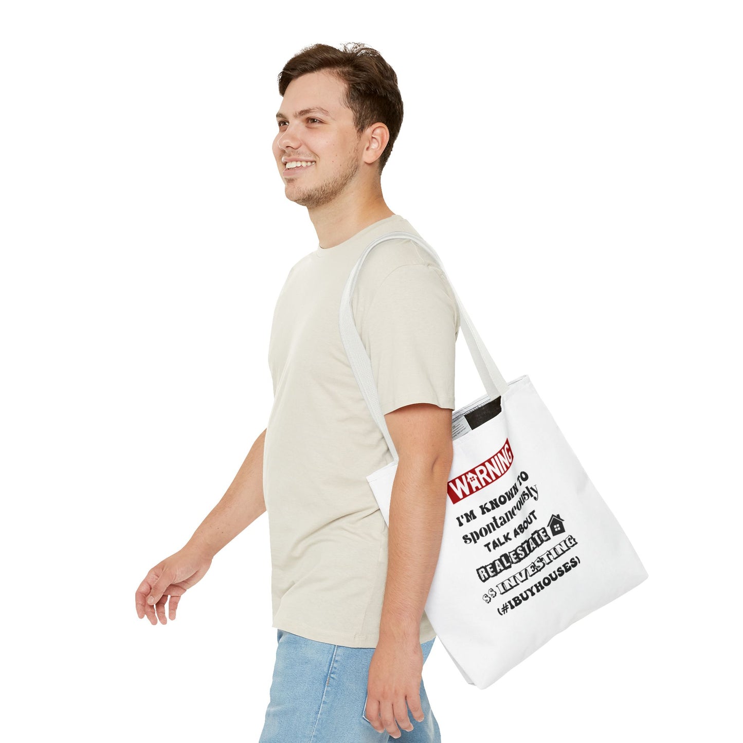 Warning I'm Known to Spontaneously Talk About Real Estate Investing Real Estate Investor Two-Sided White Tote Bag with Custom Phone Number