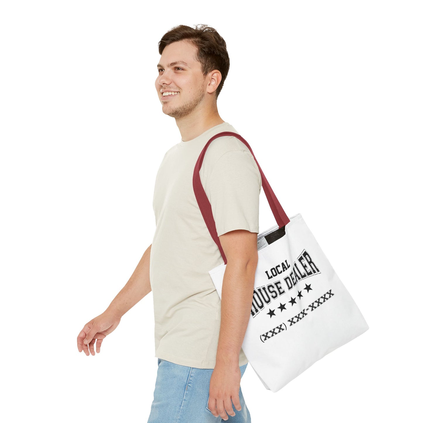 Local Five Star House Dealer Real Estate Investor Two-Sided White Tote Bag with Custom Phone Number